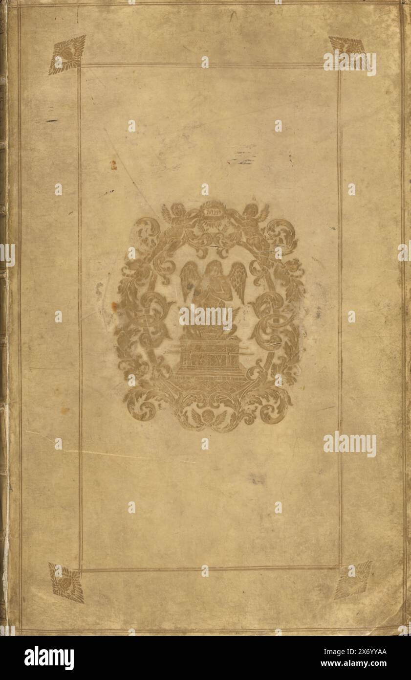 Historie des Ouden en Nieuwen Testaments ('la Grande Bible de mortier'), Bible imprimée reliée en reliures parchemin du début du XVIIIe siècle avec timbres en or, publiée par Pieter mortier, Amsterdam 1700. Estampillé sur le devant et le dos une représentation d'un ange à l'arche de l'alliance. Deuxième connexion avec le Nouveau Testament., éditeur : Pieter mortier (I), (mentionné sur l'objet), David Martin, (mentionné sur l'objet), imprimeur : Jan Luyken, (mentionné sur l'objet), Amsterdam, 1700 - 1702, parchemin (matière animale), gravure, gravure, hauteur, 454 mm × largeur, 300 mm × épaisseur, 50 mm, hauteur Banque D'Images