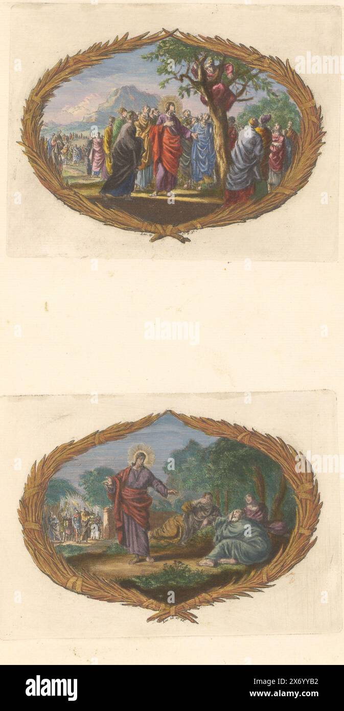 Feuille avec deux vignettes, feuille avec deux vignettes. Ci-dessus : appel de Zacchaeus. Ci-dessous : Christ éveille ses disciples endormis. Feuille dans la deuxième partie de l'image Bible avec le Nouveau Testament, publié par Pieter mortier, Amsterdam 1700., imprimé, Dirk Janszoon van Santen, imprimeur : Jan Luyken, éditeur : Pieter mortier (I), Amsterdam, 1700, papier, gravure, hauteur c. 115 mm × largeur c. 150 mm, hauteur, 440 mm × largeur, 275 mm Banque D'Images