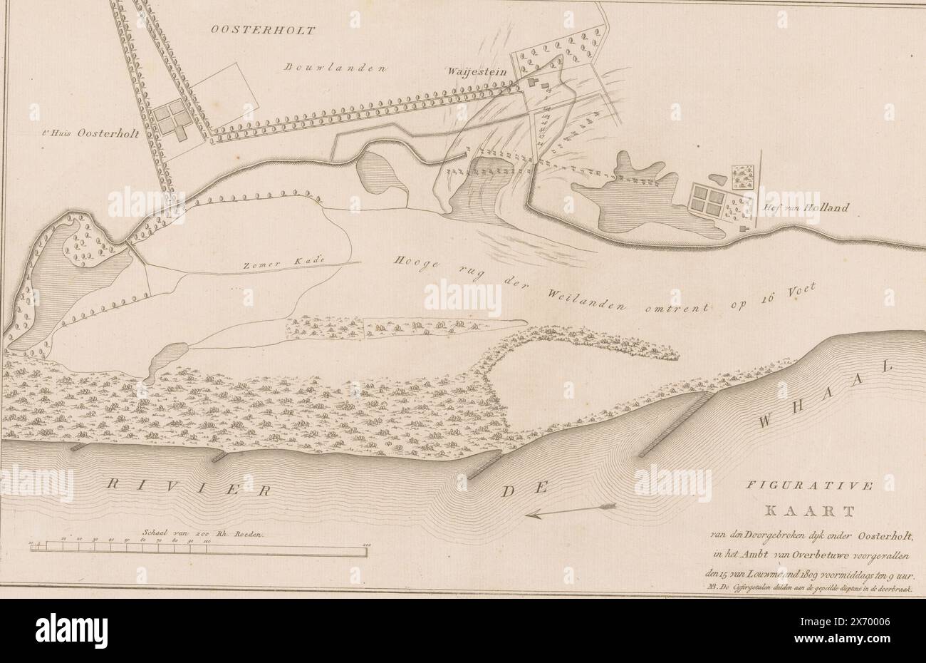 Carte de la brèche de digue sous Oosterhout, 1809, figurative carte de la brèche de digue sous Oosterholt, survenue dans l'Ambt van Overbetuwe le 15 de Louwmonth 1809 (...) (titre sur objet), estampe, imprimeur : anonyme, éditeur : Johannes Allart, éditeur : Jacobus Ruys, imprimeur : pays-Bas, éditeur : Amsterdam, éditeur : Amsterdam, 1809, papier, gravure, hauteur, 278 mm × largeur, 413 mm Banque D'Images