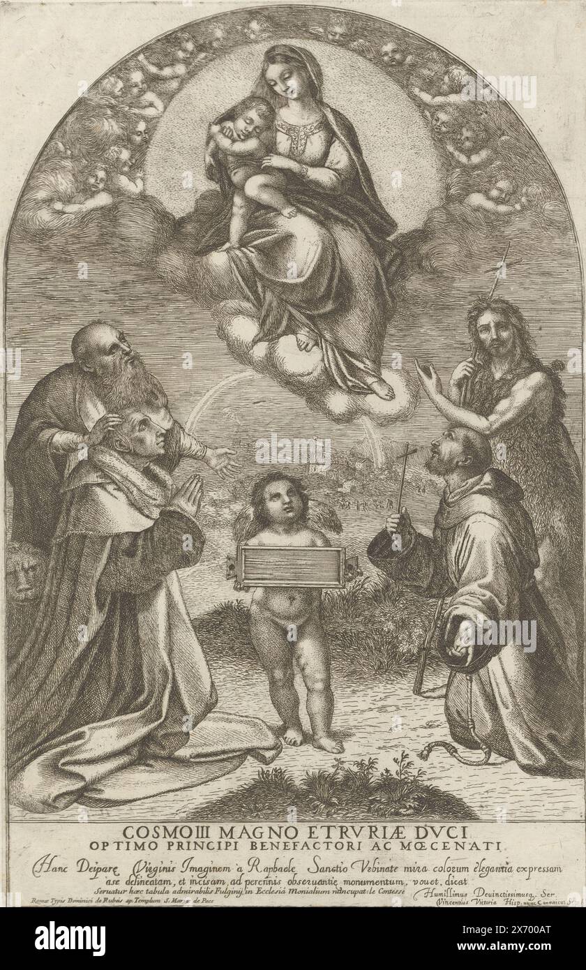 Allégorie sur Cosme III de Médicis, Cosmo III magno Etruriae duci (titre sur objet), Marie avec Christ sur ses genoux dans les nuages avec un putto tenant une plaque en dessous. Figures agenouillées à gauche et à droite du putto, y compris Jean-Baptiste., estampe, imprimeur : Domenico de'Rossi, (mentionné sur l'objet), après peinture par : Vicente Victoria, (mentionné sur l'objet), Rome, 1657 - 1729, papier, gravure, hauteur, 414 mm × largeur, 269 mm Banque D'Images