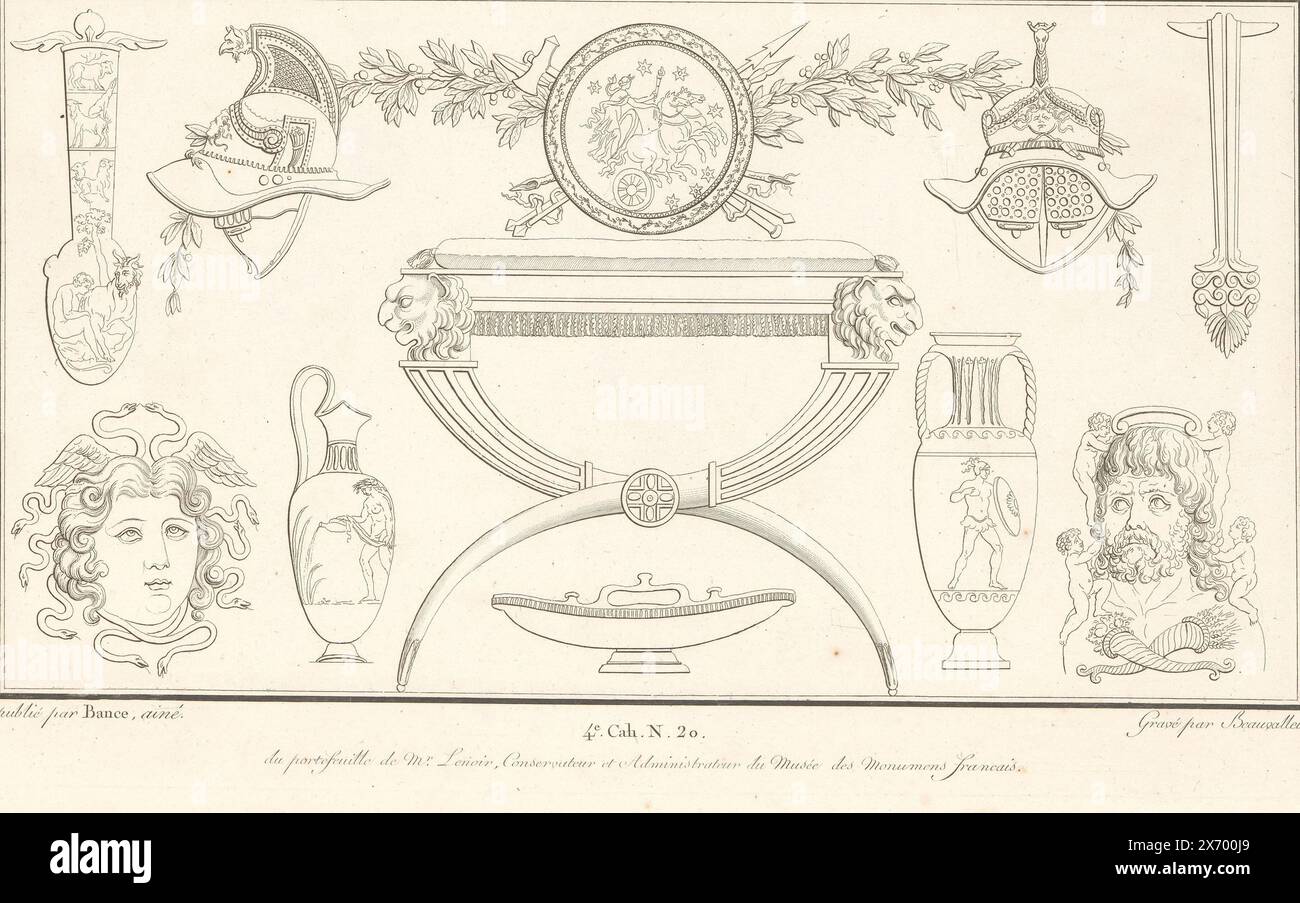 Divers ornements, impression d'ornement avec divers ornements dans le style gréco-romain, une chaise au centre. Pièce (4 ex. CAH. N. 20) de l'album d'estampes avec deux séries d'un total de 138 estampes ornementales de Beauvallet et Normand, 'Fragmens d'Ornemens dans le style Antique'., imprimeur : Pierre-Nicolas Beauvallet, (mentionné sur l'objet), imprimeur : Charles Pierre Joseph Normand, (mentionné sur l'objet), éditeur : Jacques-Louis Bance, (mentionné sur l'objet), Paris, 1820, papier, gravure Banque D'Images