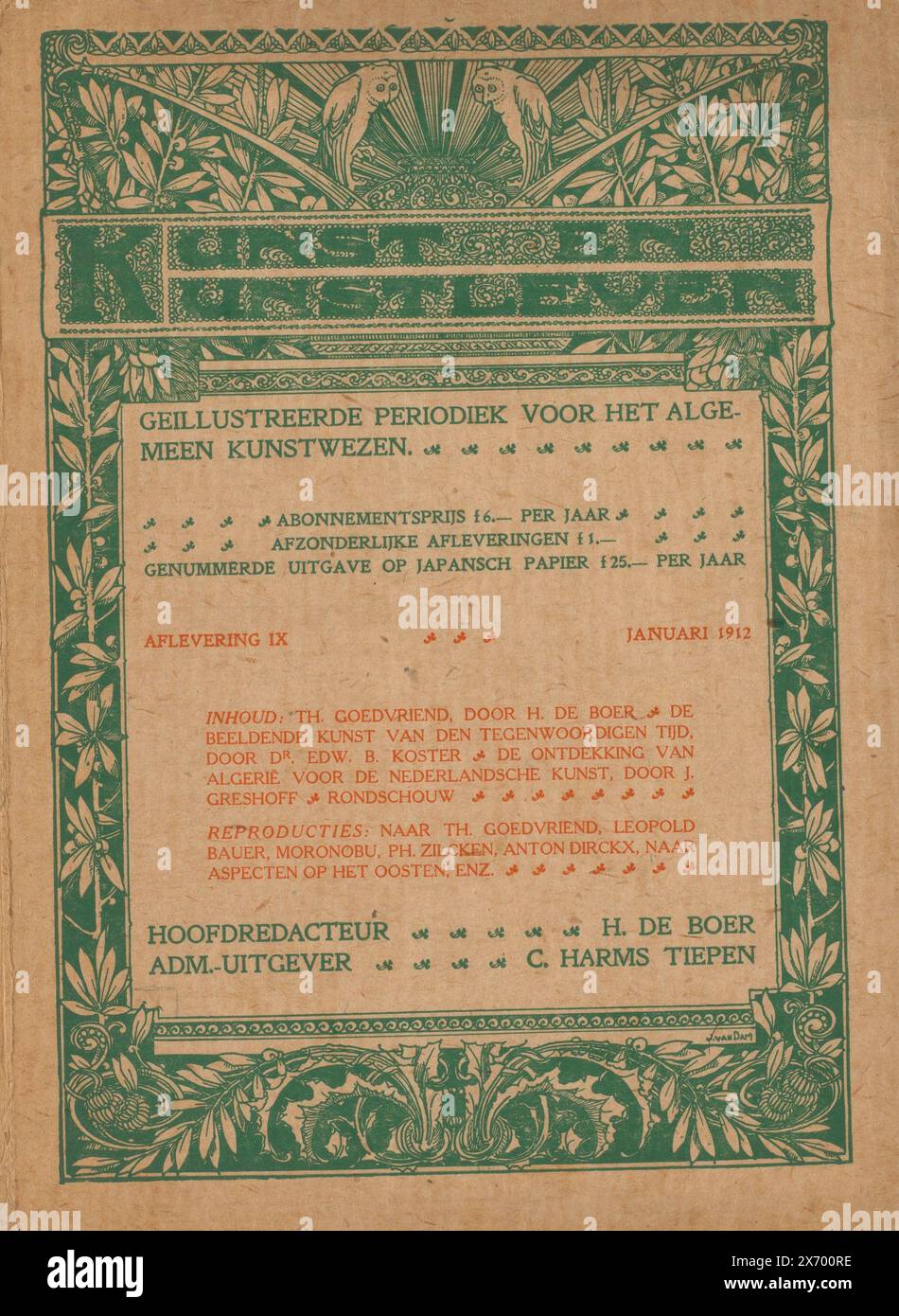 Couverture pour : Art and art Life illustré périodique pour la communauté artistique générale, texte central dans un cadre floral avec deux hiboux en haut, en plus une vignette., impression, imprimeur : anonyme, après conception par : Jan van Dam, (mentionné sur l'objet), imprimeur: N.V. drukkerij v/h Henri Berger, Den Bosch, Jan-1912, carton, typographie, hauteur, 284 mm × largeur, 410 mm Banque D'Images