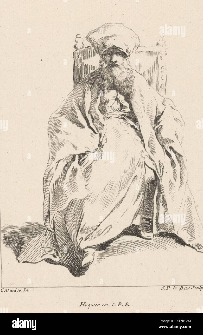 Homme assis, Collection de diverses poses dramatisées (titre de la série), Recueil de différentes charges Designée a Rome par Carloo Vanloo peintre du Roy (titre de la série sur objet), homme à longue barbe, coiffe haute et long manteau, assis dans une chaise, vu de devant. Numéroté en haut à droite : 4. Partie d'une série de douze estampes avec des figures dans des poses dramatisées, souvent vêtues de costumes fantastiques 'orientaux', d'après des dessins de Carle van Loo, réalisés lors de son séjour à Rome (1728-1732)., estampe, imprimeur : Jacques-Philippe le Bas, (mentionné sur l'objet), après dessin de : Carle van Loo, (mentionné sur l'objet Banque D'Images