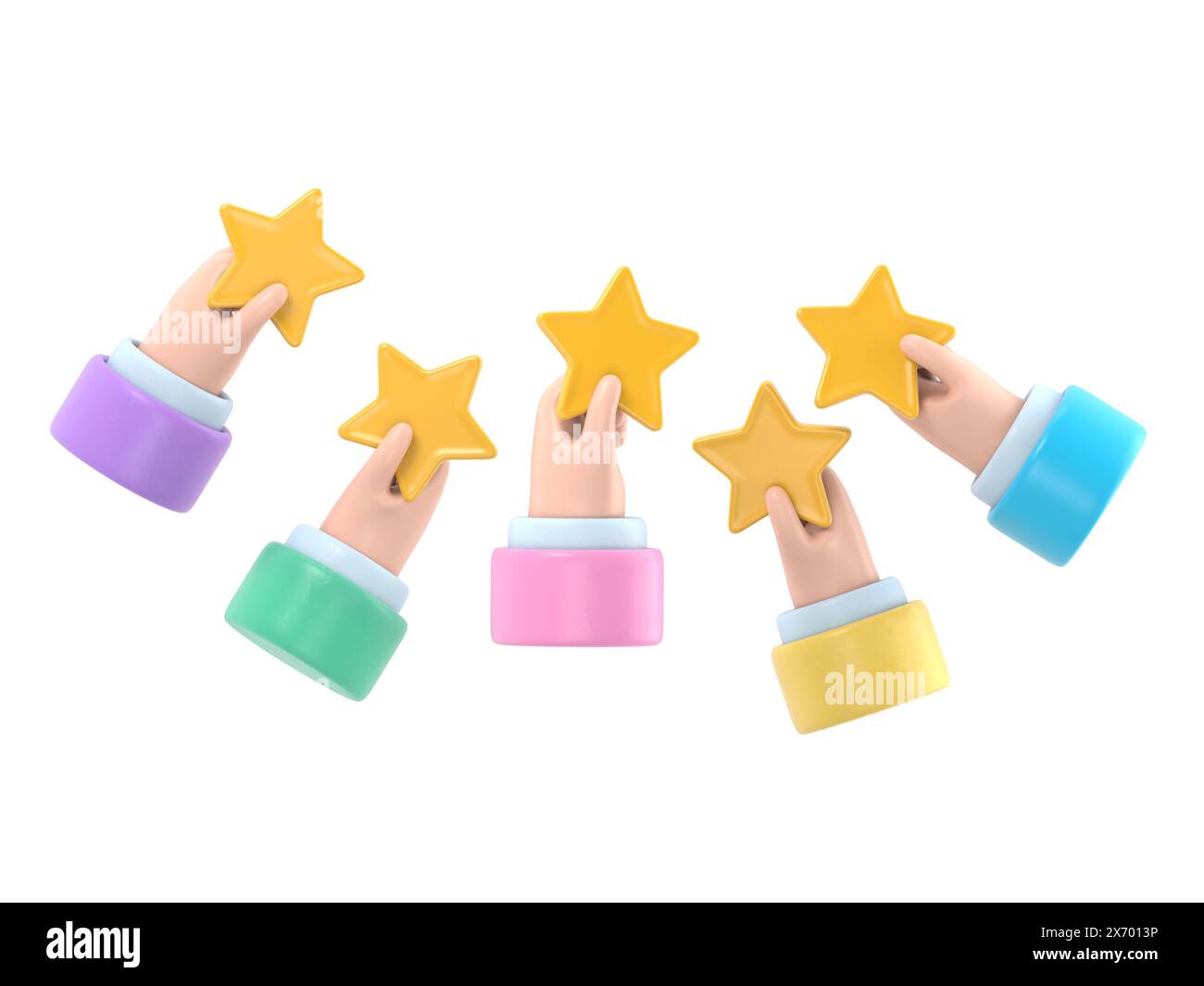 Illustration 3D de la main donnant cinq étoiles. Les clients choisissent une note de satisfaction et laissent des commentaires positifs. Concept de service à la clientèle et u Banque D'Images