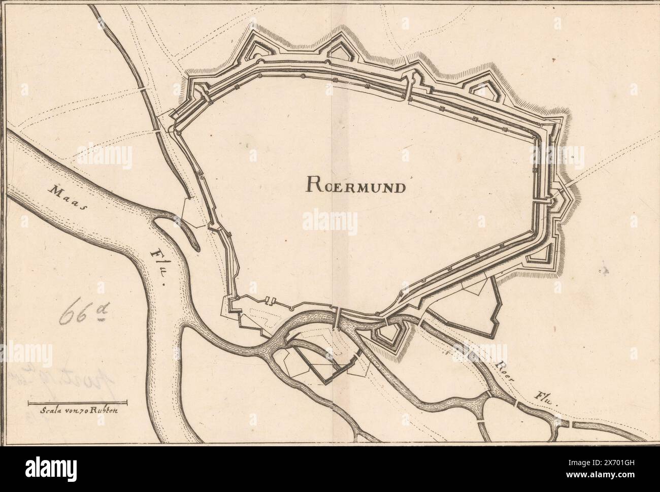 Plan de la forteresse de Roermond, Roermund (titre sur l'objet), plan de la forteresse de Roermond. En bas à gauche un bâton d'échelle : Scala von 70 Ruhten., impression, imprimeur : Caspar Merian, après conception par : Johann Merck, éditeur : Caspar Merian, Francfort-sur-le-main, 1654 - c. 1700, papier, gravure, gravure, hauteur, 179 mm × largeur, 262 mm Banque D'Images