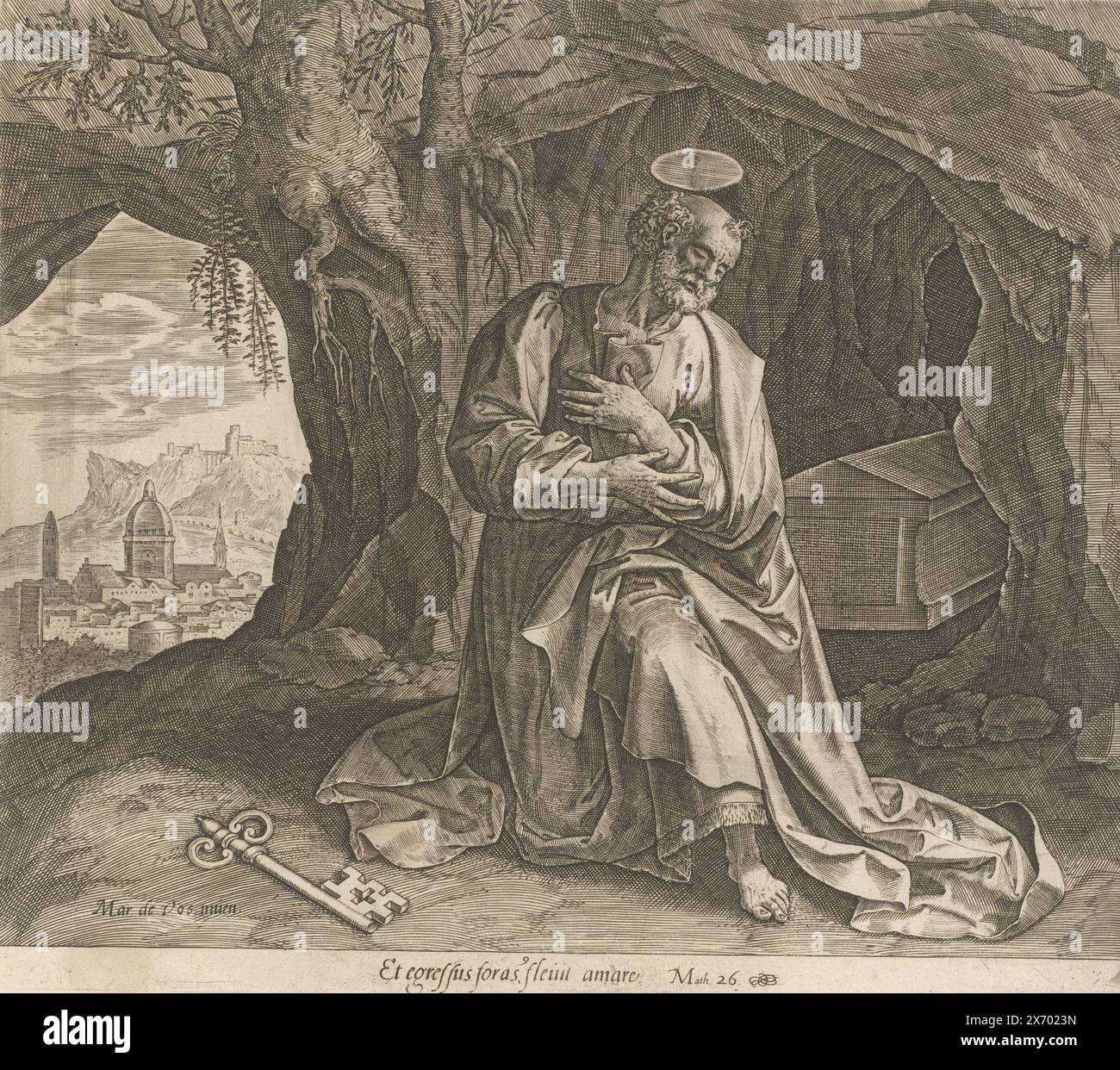 Pierre pénitent, pénitence et contrition dans l'ancien Testament et le Nouveau Testament (titre de la série), Typus Divinae indulgentiae atqz misericordiae, erga eos quibus ex toto corde transgressionum poeni tet ad dnm deum se convertunt (titre de la série), l'apôtre Pierre se repent après avoir nié le Christ trois fois. Il s'agenouille dans une grotte dans laquelle se trouve un tombeau. A côté de lui sur le sol se trouve la clé du Royaume des cieux. En dessous de la scène une référence en latin au texte de la Bible en Matt. 26., imprimeur, imprimeur : Philips Galle, (attribué à l'atelier de), après conception par : Maerten de vos, (mentionné sur Banque D'Images