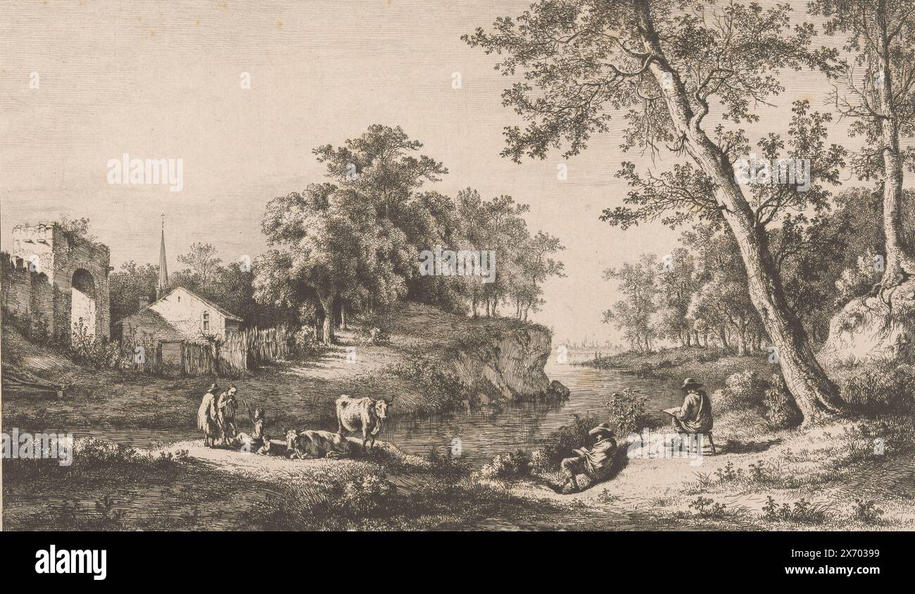 Figures près d'une rivière près d'une porte délabrée, estampe, imprimeur : Jean Jacques de Boissieu, (mentionné sur l'objet), France, 1796, papier, gravure, point sec, hauteur, 220 mm × largeur, 345 mm Banque D'Images