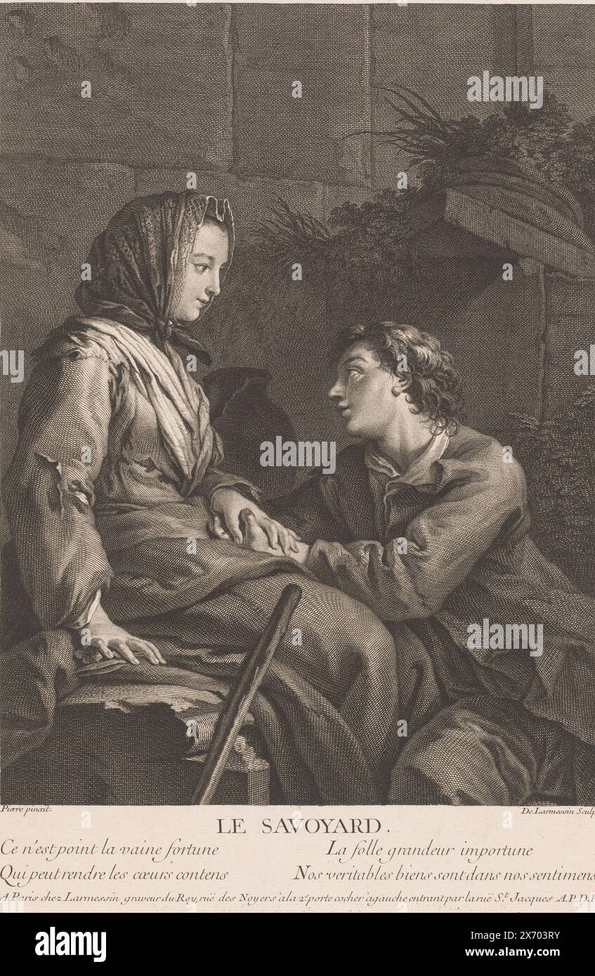 Jeune homme à genoux devant une jeune femme, le Savoyard (titre sur l'objet), estampe, imprimeur : Nicolas de Larmessin (III), (mentionné sur l'objet), d'après peinture par : Pierre Dulin, (mentionné sur l'objet), éditeur : Nicolas de Larmessin (III), (mentionné sur l'objet), éditeur : Paris, France, v. 1746, papier, gravure, gravure, hauteur, 410 mm × largeur, 280 mm Banque D'Images