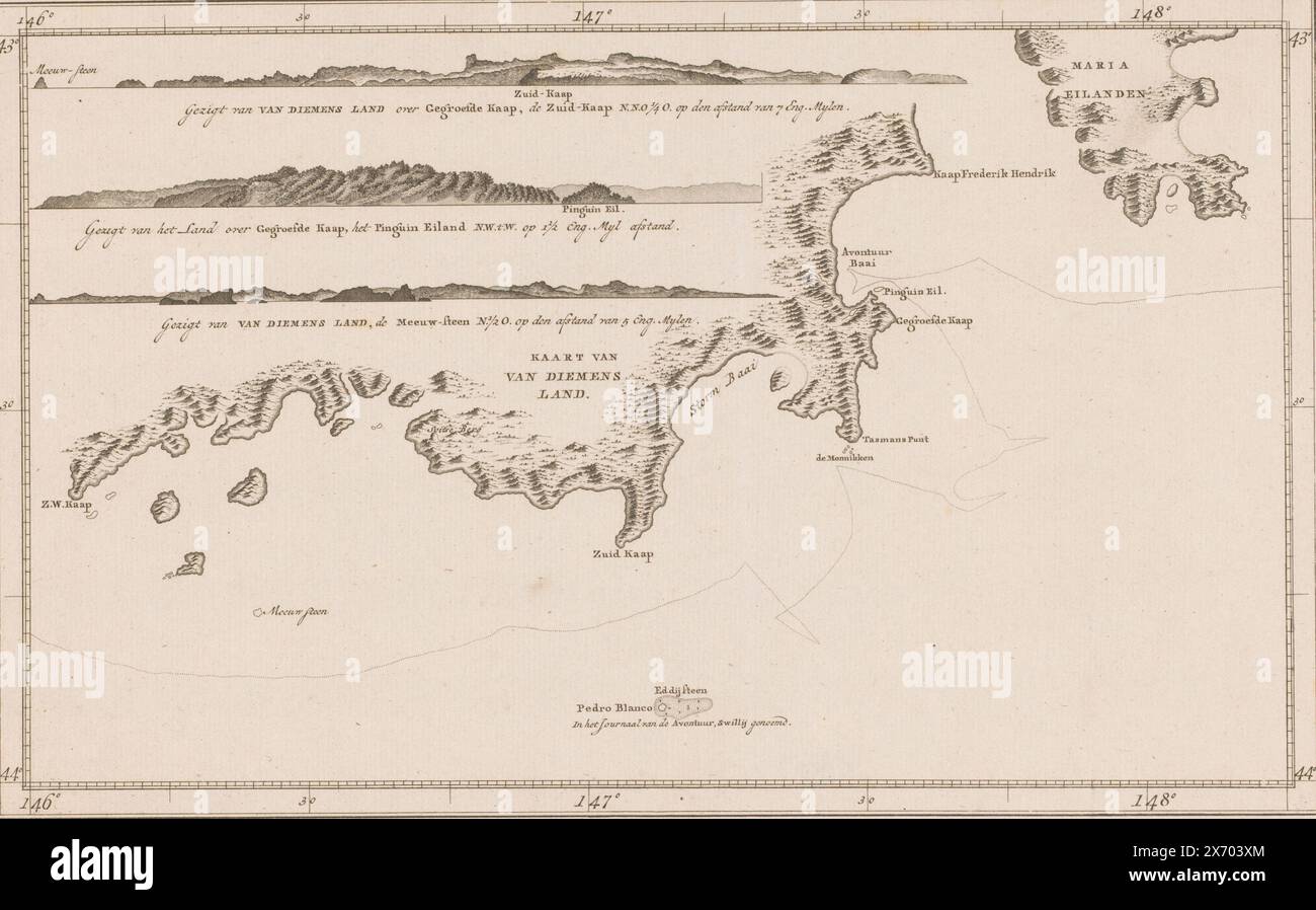 Carte et vues de la côte de Tasmanie, carte des terres de Van Diemen (titre sur l'objet), numérotée en haut à droite : 30., imprimerie, imprimerie : anonyme, éditeur : Abraham Honkoop (II), éditeur : Johannes Allart, éditeur : Leiden, éditeur : Amsterdam, éditeur : la Haye, 1801, papier, gravure, hauteur, 229 mm × largeur, 359 mm Banque D'Images