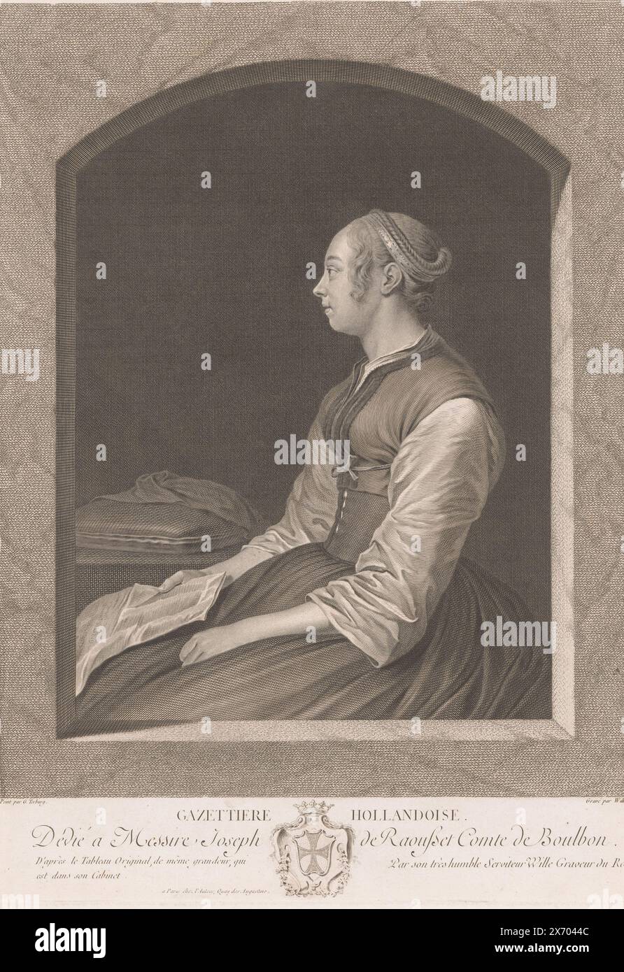 Jeune femme assise, possiblement Gesina ter Borch, Gazettiere Hollandoise (titre sur objet), estampe, imprimeur : Johann Georg Wille, (mentionné sur objet), après peinture par : Gerard ter Borch (II), (mentionné sur objet), éditeur : Johann Georg Wille, (mentionné sur objet), Paris, 1758, papier, gravure, gravure, hauteur, 396 mm × largeur, 283 mm Banque D'Images