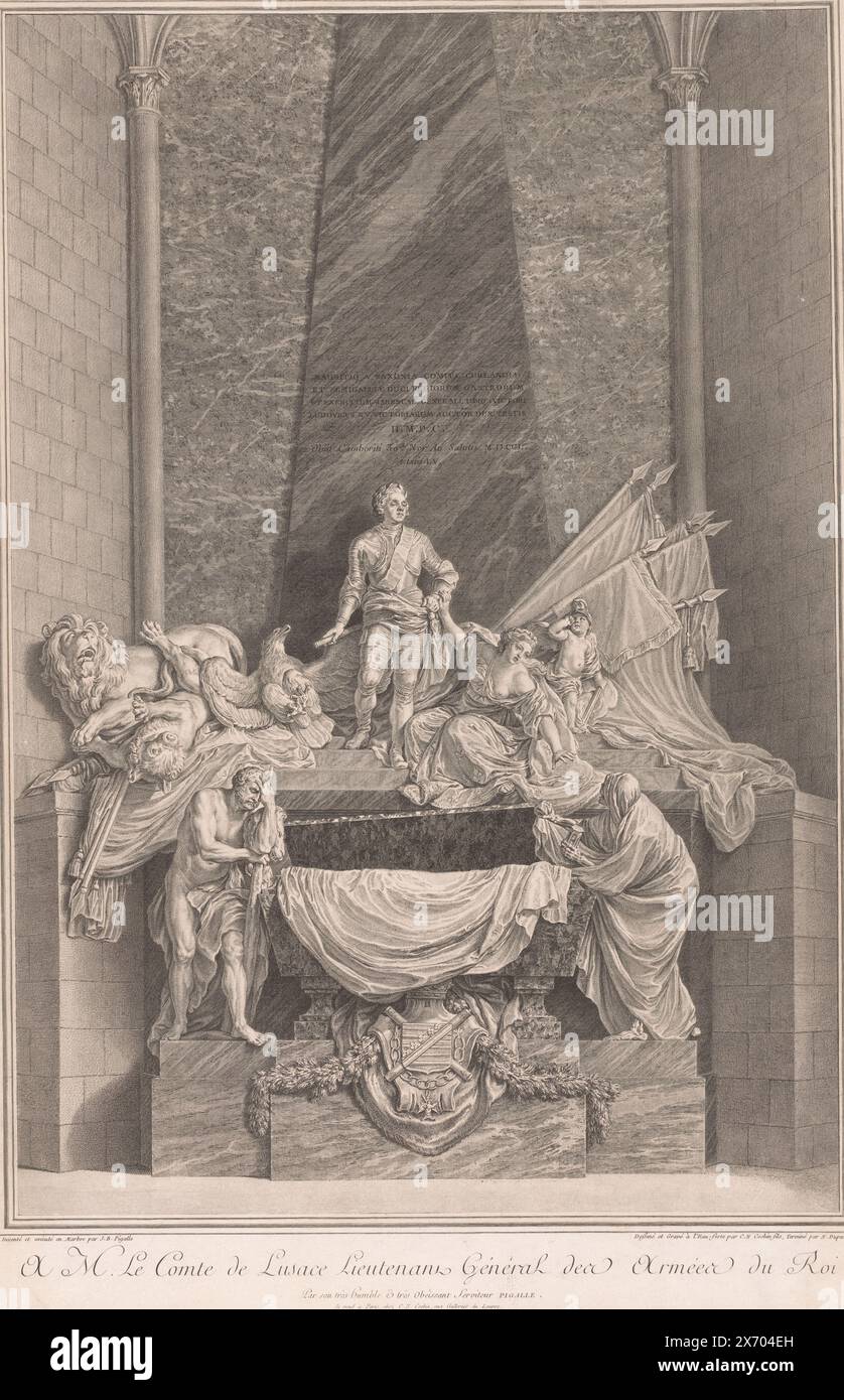 Monument funéraire de Maurice de Saxe, estampe, imprimeur : Charles Nicolas Cochin (II), (mentionné sur l'objet), imprimeur : Nicolas-Gabriel Dupuis, (mentionné sur l'objet), d'après son propre dessin par : Charles Nicolas Cochin (II), (mentionné sur l'objet), Paris, 1725 - 1771, papier, gravure, gravure, hauteur, 677 mm × largeur, 455 mm Banque D'Images