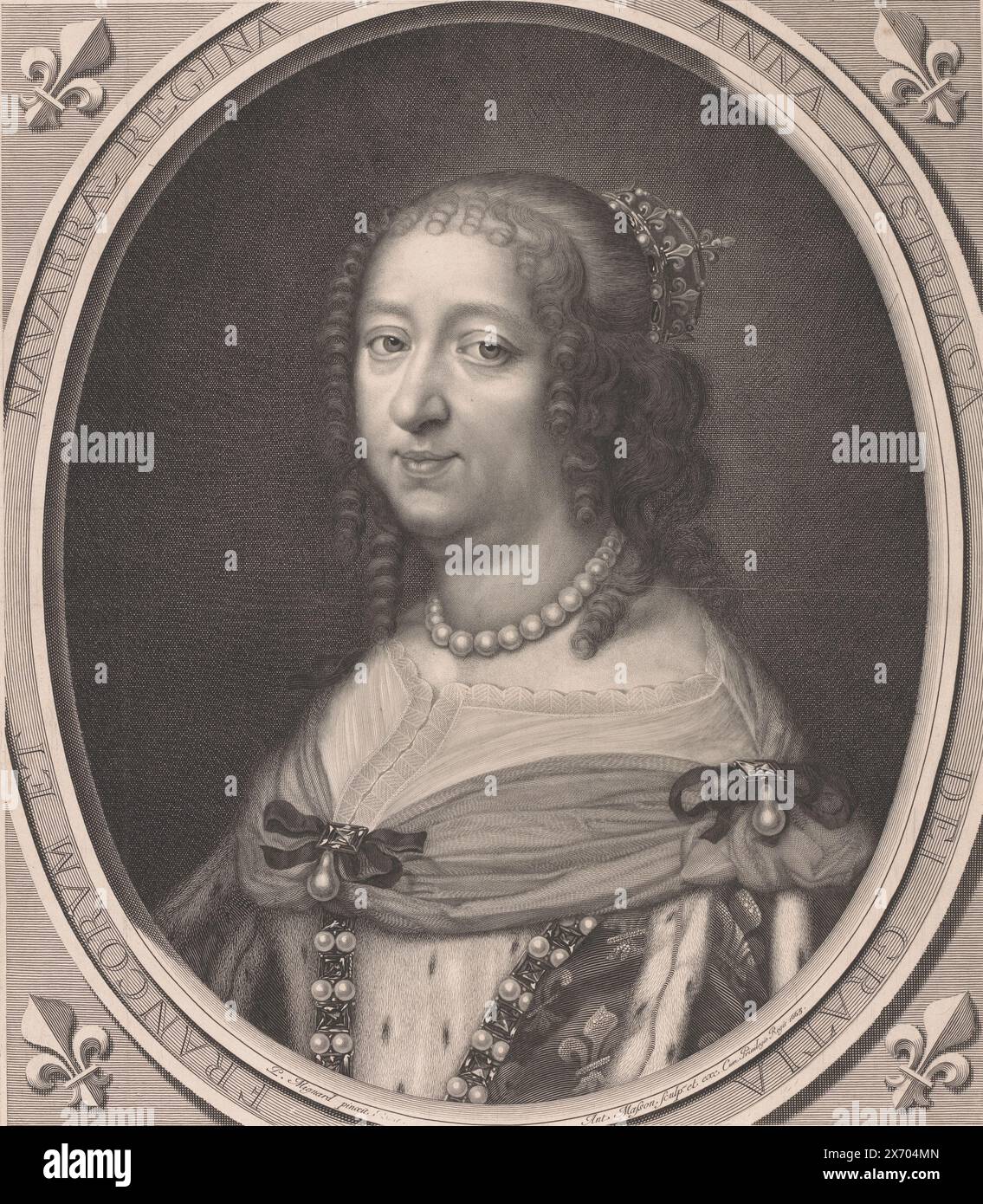 Portrait d'Anne d'Autriche, estampe, imprimeur : Antoine Masson, (mentionné sur l'objet), après peinture par : Pierre Mignard (1612-1695), (mentionné sur l'objet), éditeur : Antoine Masson, (mentionné sur l'objet), imprimeur : Paris, Editeur : Paris, France, 1665, papier, gravure, gravure, hauteur, 489 mm × largeur, 427 mm Banque D'Images