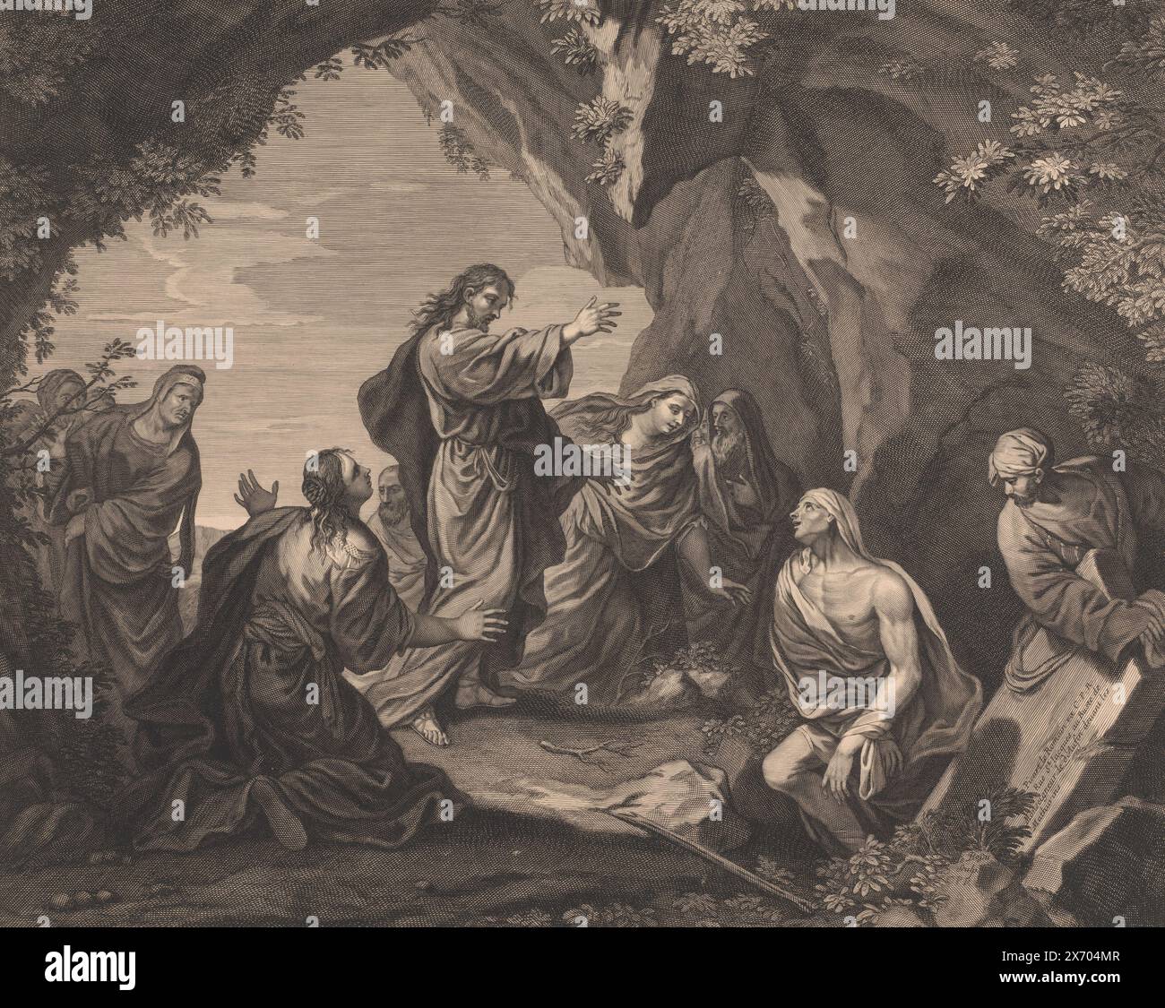 Relèvement de Lazarus, imprimeur : Daniel le Bossu, (mentionné sur l'objet), après peinture par : Giacinto Brandi, (mentionné sur l'objet), éditeur : Etienne Picart, (mentionné sur l'objet), imprimeur : France, après peinture par : Rome, éditeur : Paris, France, 1642 - 1721, papier, gravure, gravure, hauteur, 525 mm × largeur, 650 mm Banque D'Images
