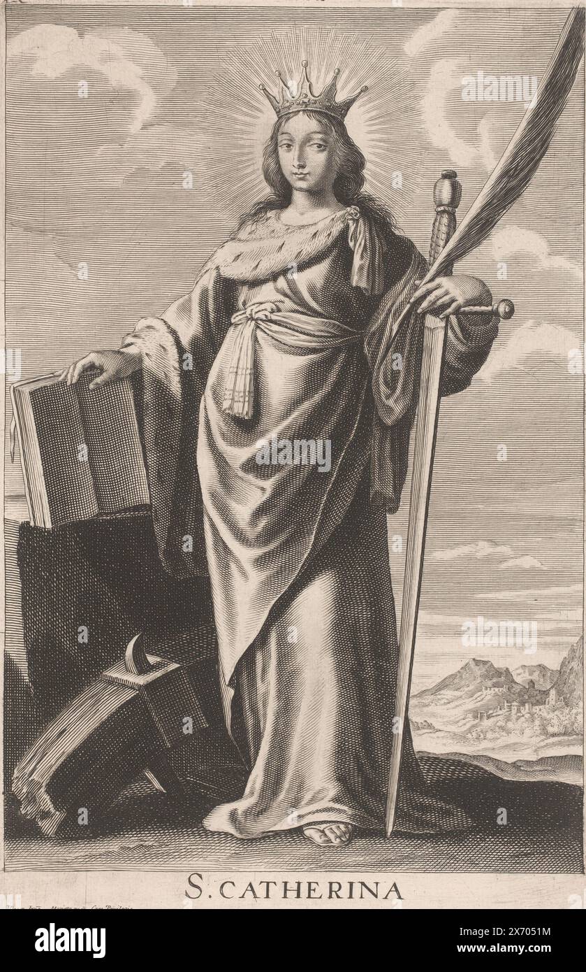 Sainte Catherine, S. Catharina (titre sur l'objet), estampe, imprimeur : Jean Couvay, (attribué à), après conception par : Claude Vignon, (mentionné sur l'objet), éditeur : Pierre Mariette (I), (mentionné sur l'objet), imprimeur : France, éditeur : Paris, France, 1632 - 1657, papier, gravure, hauteur, 375 mm × largeur, 244 mm Banque D'Images