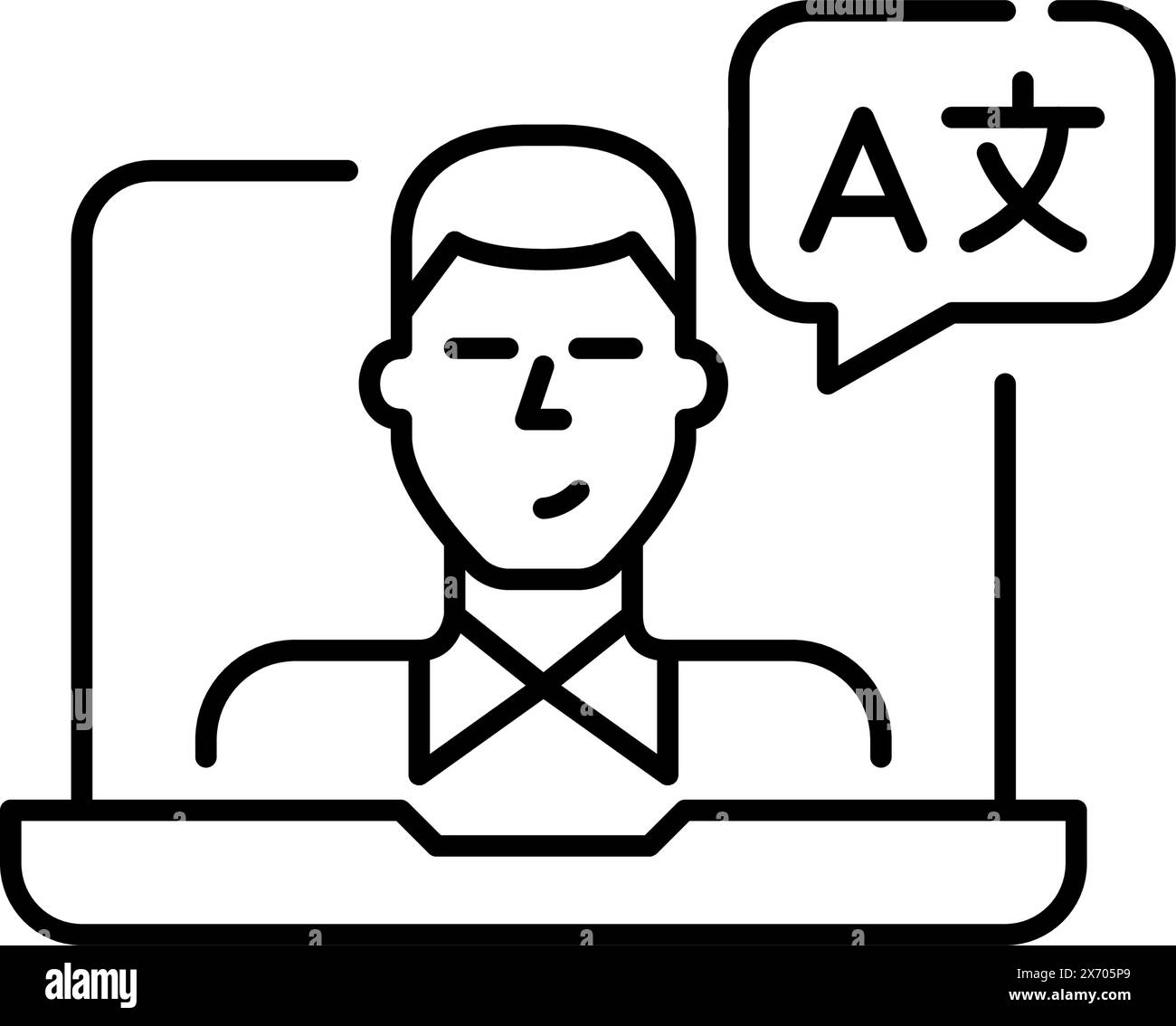 Homme avec la bulle de parole de symbole de langues sur l'appel vidéo d'ordinateur portable. Cours de langues en ligne. Pixel Perfect, icône de vecteur de contour modifiable Illustration de Vecteur