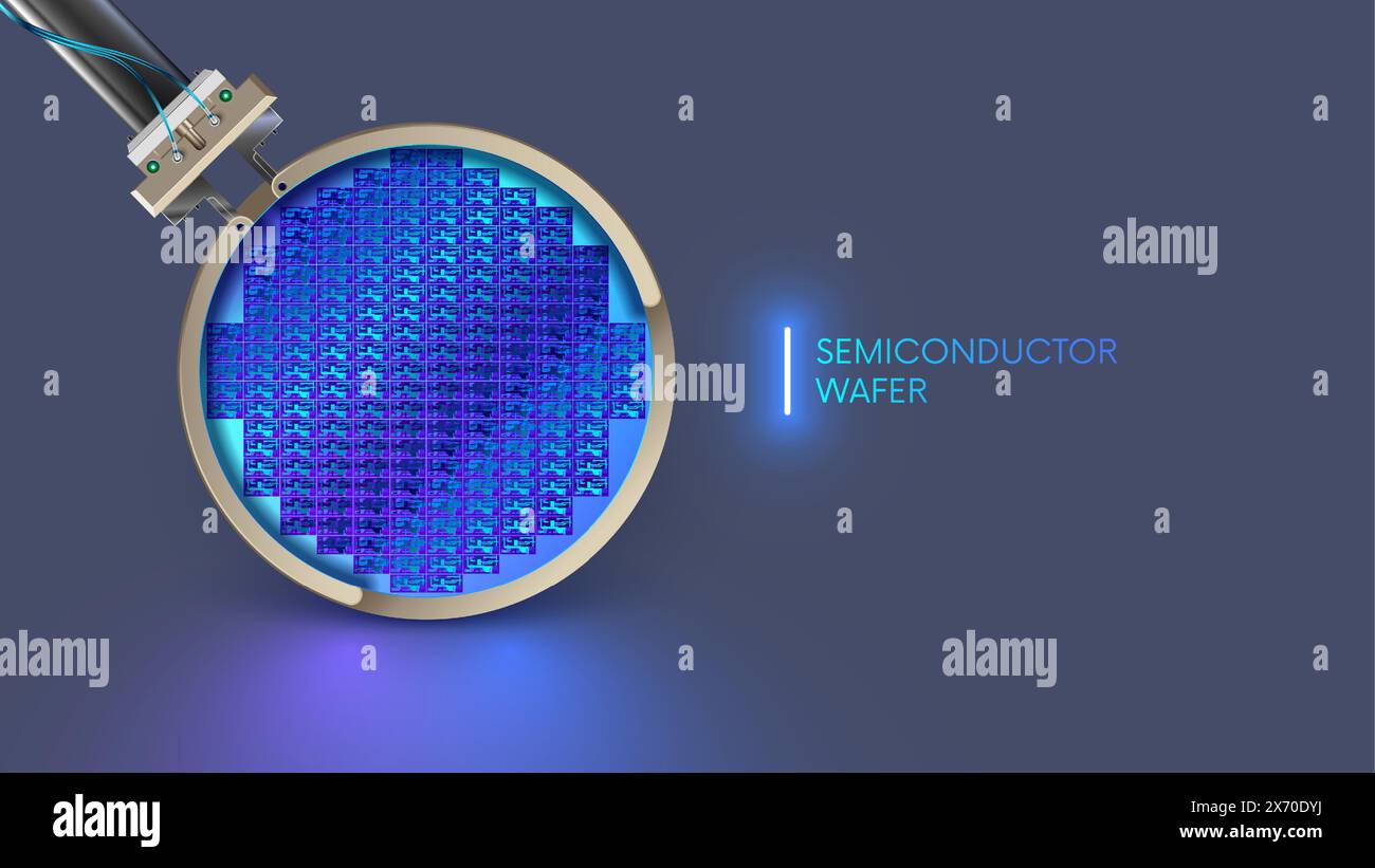 Semi-conducteur ou silicium Wafer sur l'usine électronique. Puces semi-conductrices sur plaquette circulaire de silicium. Puces de production de processus de technologie industrielle Illustration de Vecteur