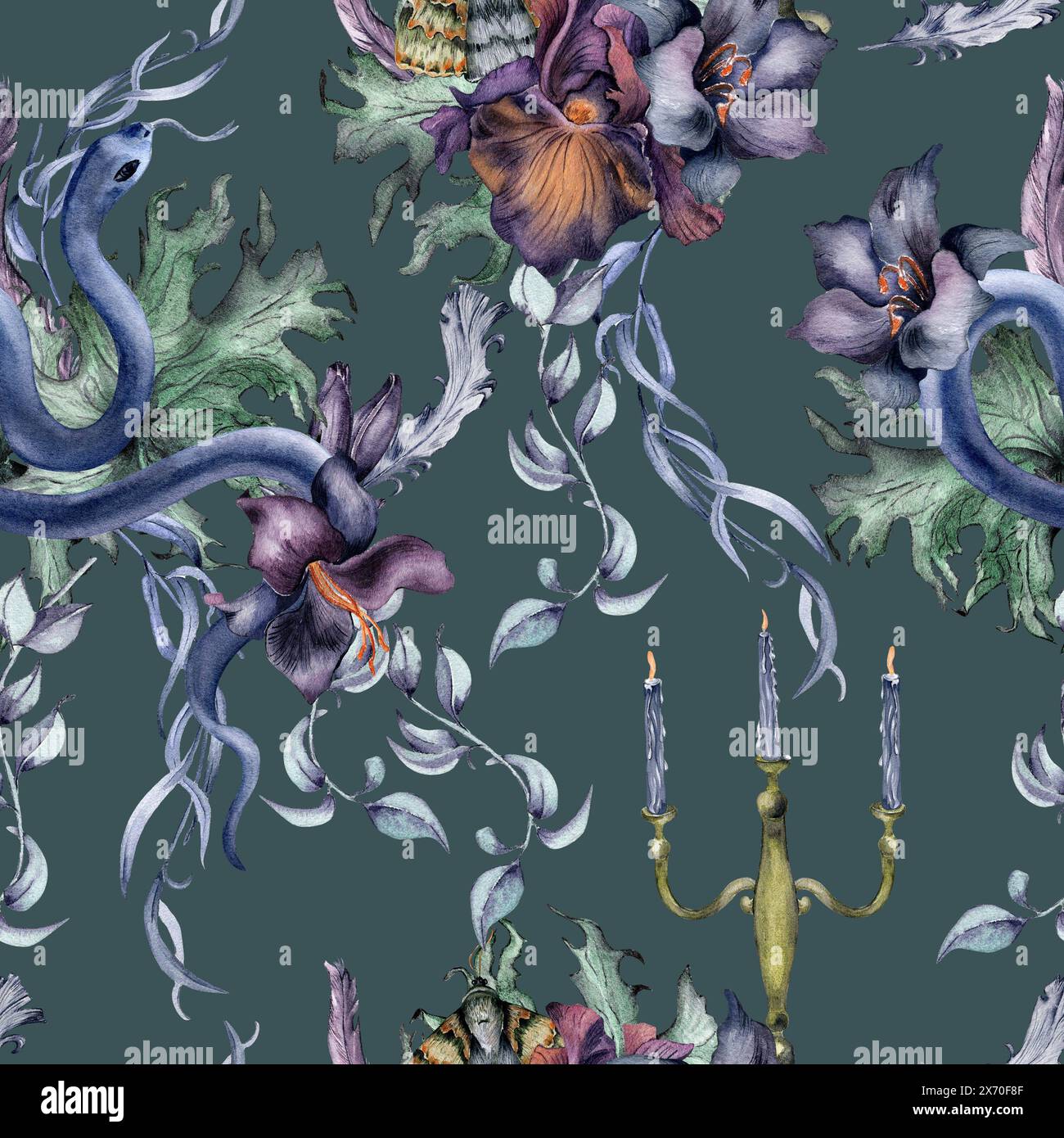 Motif floral gothique sans couture avec serpent isolé sur sombre. Fleur d'iris violet et aquarelle de lis noir. Décoration d'art botanique pour mariage noir, Banque D'Images