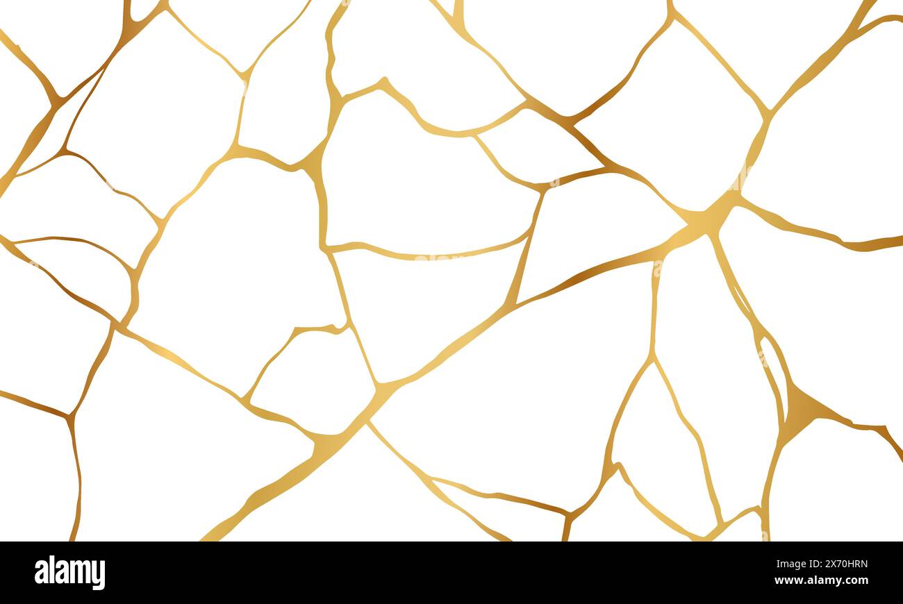 Illustration vectorielle de texture de marbre de réparation de fissure de kintsugi or isolée sur fond blanc. Motif en marbre de feuille cassé avec des fissures sèches dorées. Mariage Illustration de Vecteur
