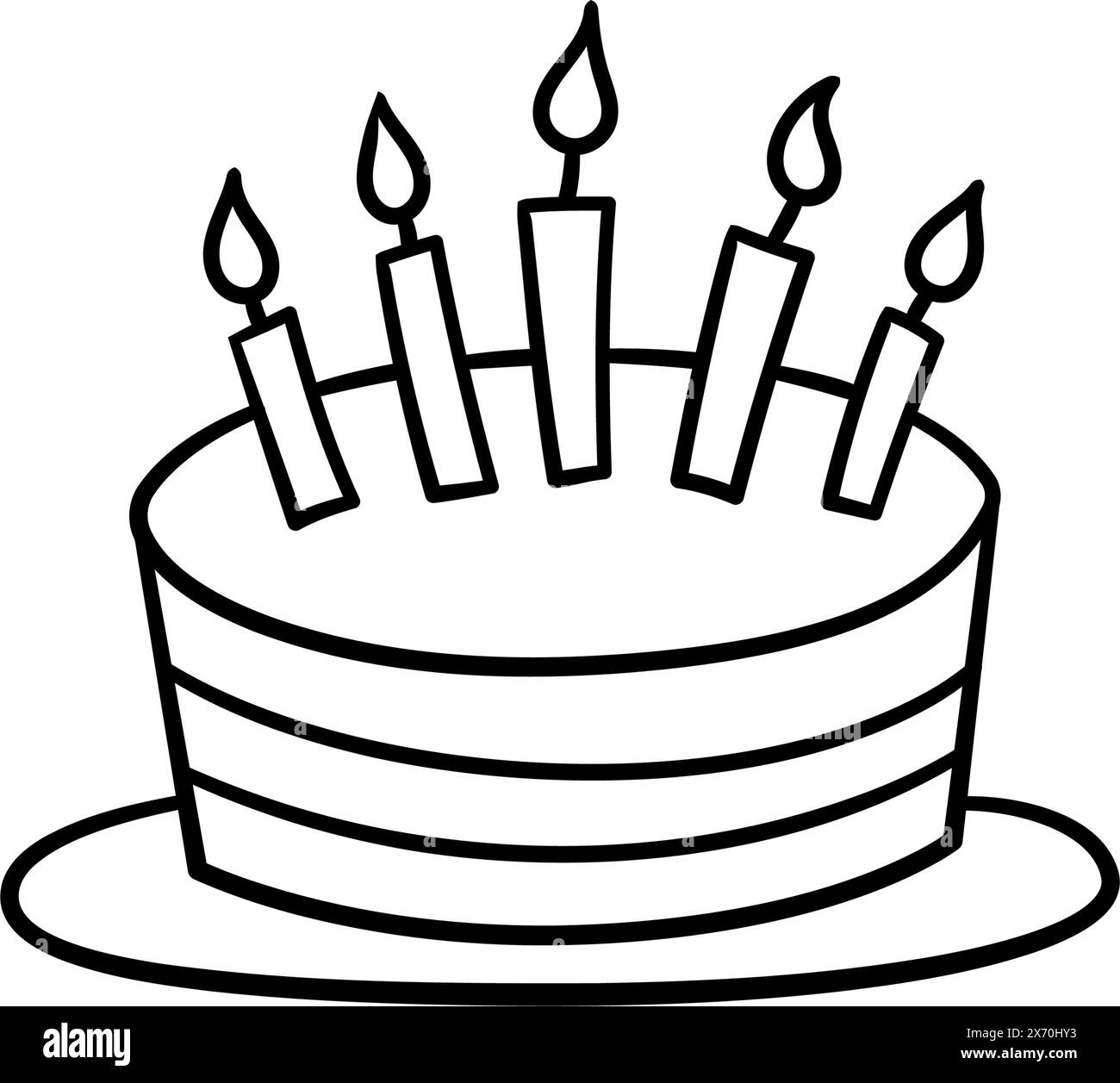 Gâteau d'anniversaire dessiné à la main avec cinq bougies. Les enfants gribouillent le dessin. Illustration vectorielle isolée sur fond blanc Illustration de Vecteur