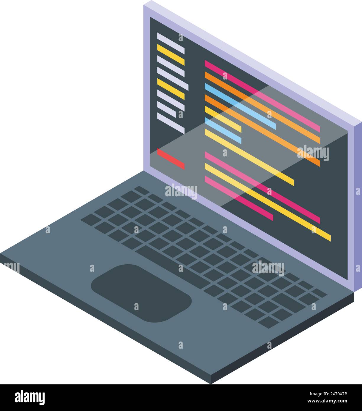Illustration isométrique d'un ordinateur portable ouvert affichant des lignes de code colorées sur l'écran Illustration de Vecteur