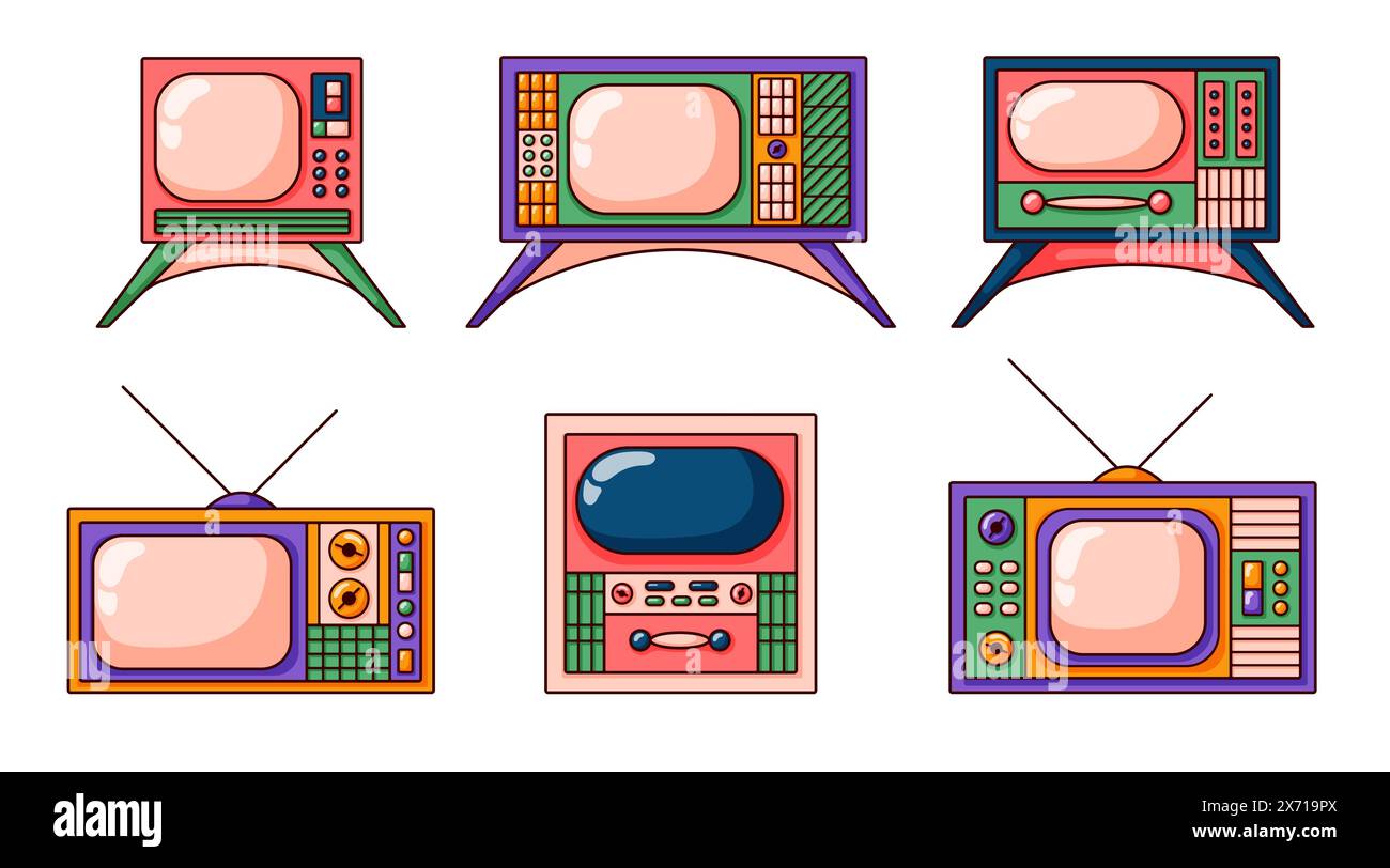 Téléviseur rétro dans un style de dessin animé pop. Collection rose vintage dessinée à la main avec écran. Illustration vectorielle isolée sur un fond blanc. Illustration de Vecteur