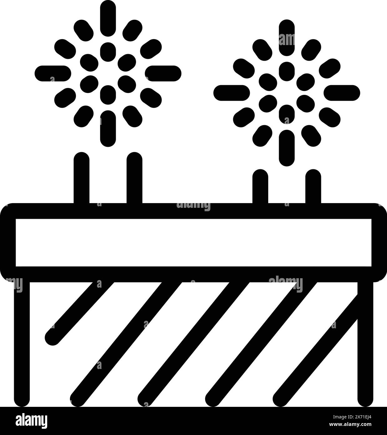 Icône simplifiée d'un stand de feux d'artifice avec deux feux d'artifice éclatants au-dessus, dans un style audacieux d'art de ligne Illustration de Vecteur