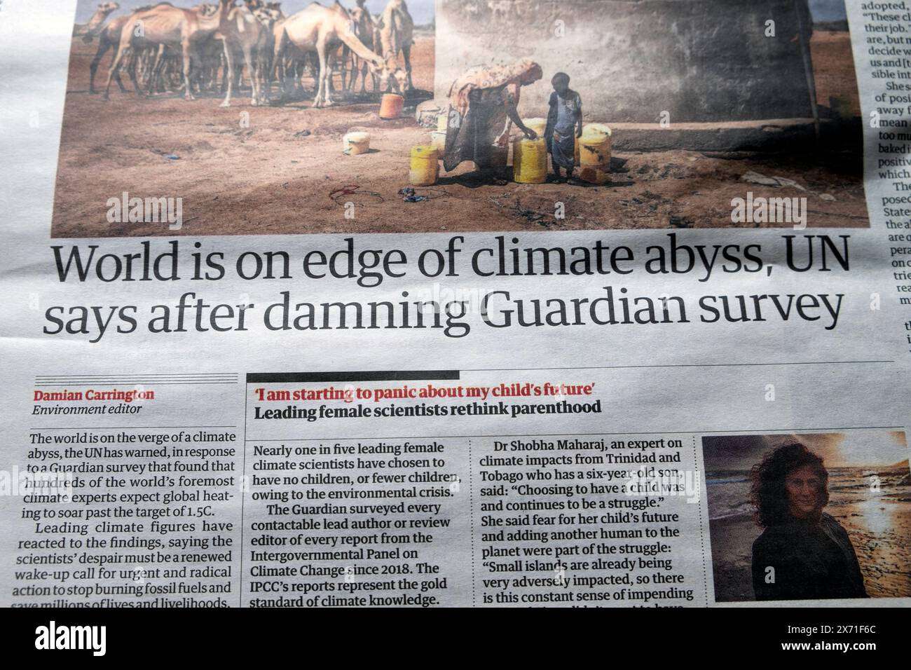 « Le monde est au bord de l'abîme climatique, selon les Nations Unies après l'enquête Damning Guardian » titre du journal sur la crise climatique article sur l'environnement 10 mai 2024 Londres Royaume-Uni Banque D'Images