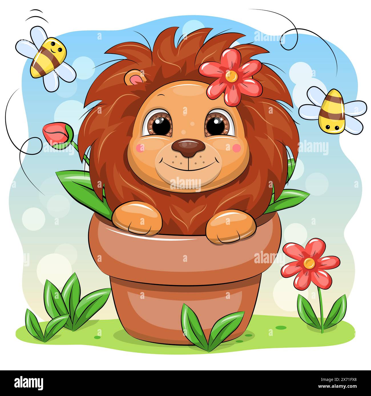 Lion de dessin animé mignon dans un pot de fleurs avec des abeilles et des fleurs. Illustration vectorielle de l'animal dans la nature. Illustration de Vecteur