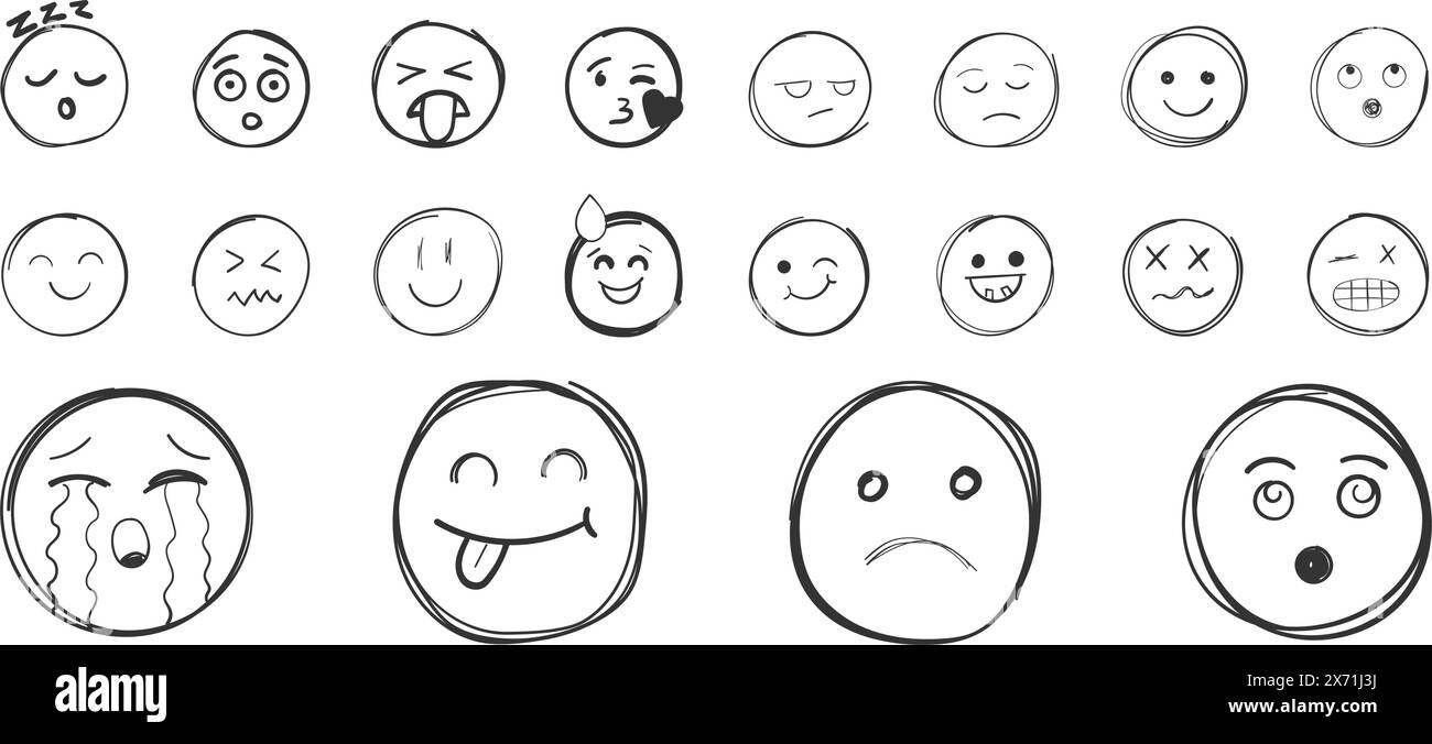 Icône visages emojis dans le style dessiné à la main. Doddle émoticônes illustration vectorielle sur fond isolé. Concept d'affaires de signe de visage heureux et triste. Illustration de Vecteur