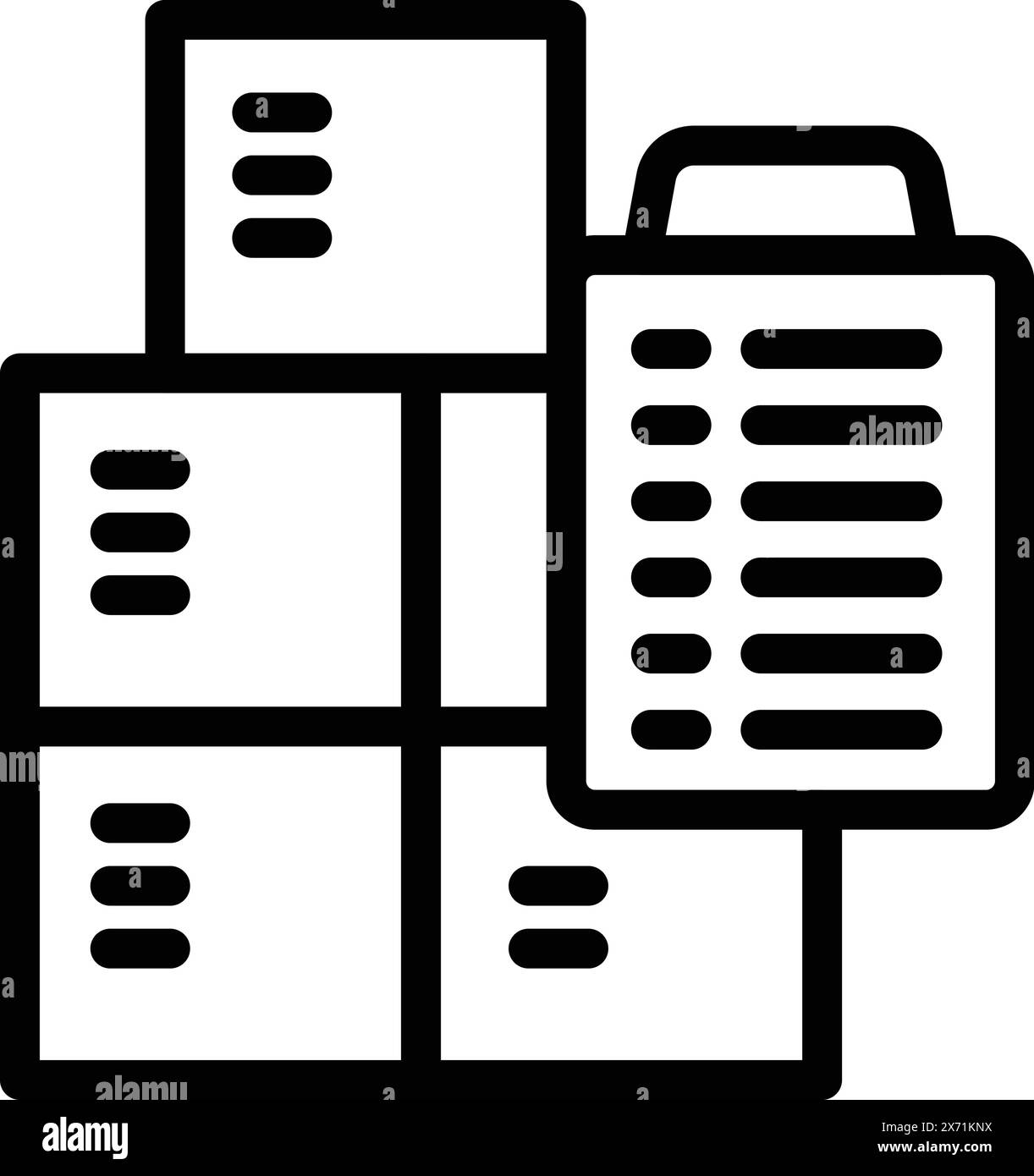 Illustration vectorielle d'un immeuble de bureaux stylisé et icône de presse-papiers en noir et blanc Illustration de Vecteur