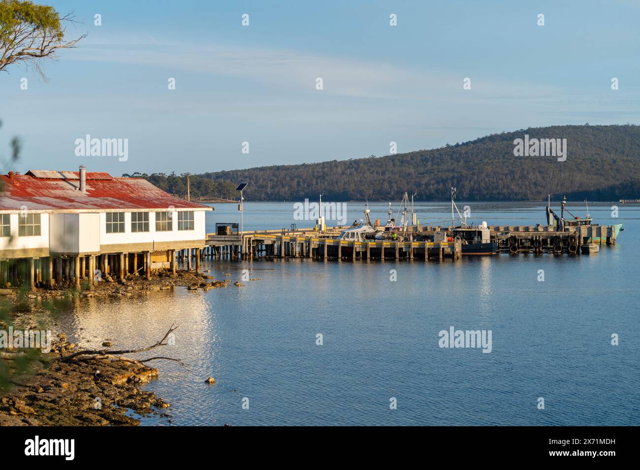 Entrepôt et hangar de stockage au quai public de Douvres, Douvres, Tasmanie Banque D'Images