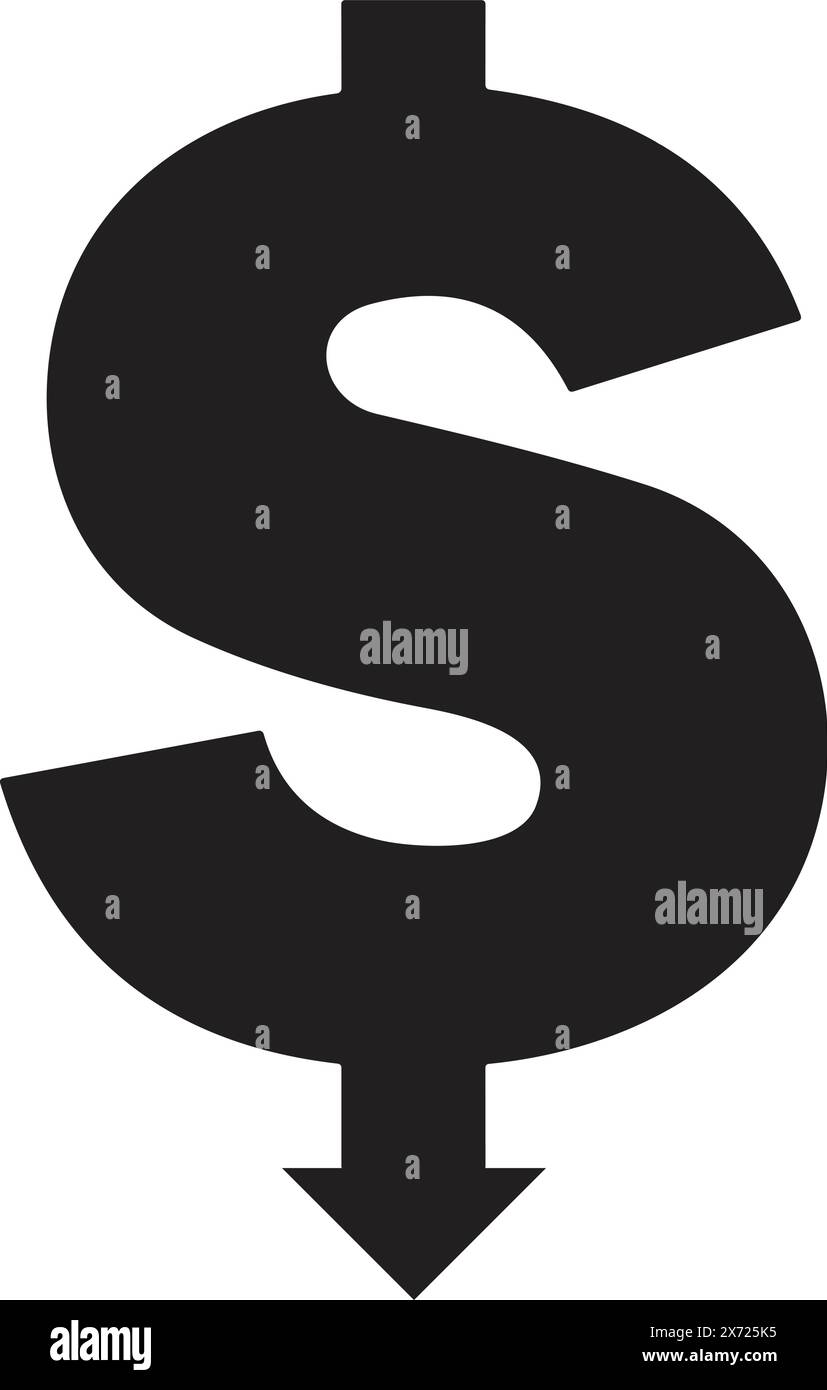 Symbole du dollar bas noir, prix du dollar bas, icône de baisse de prix, prix des matières premières, baisse du taux d'intérêt, faible récession, croissance financière Illustration de Vecteur