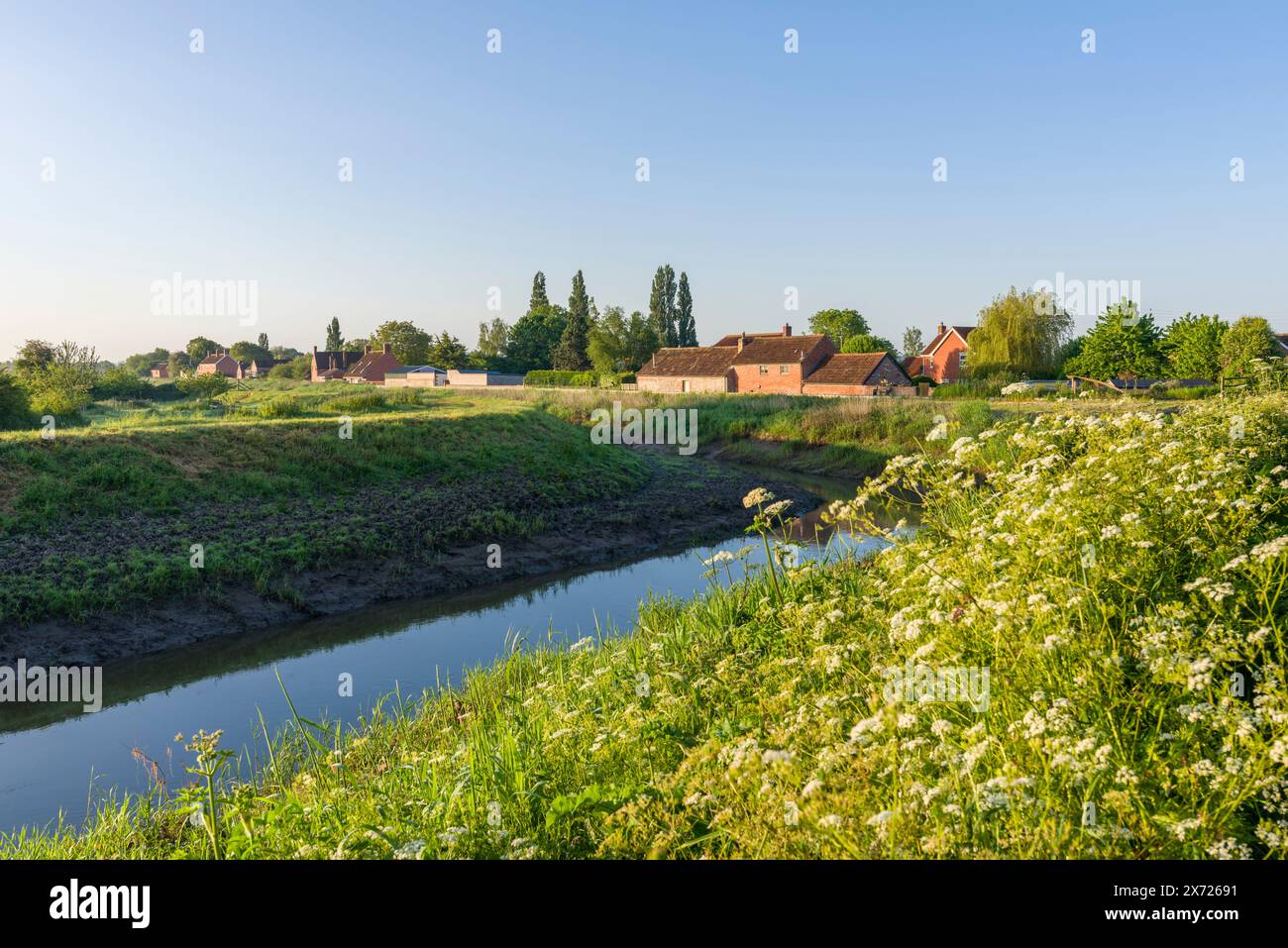 La rivière Parrett dans le village de Burrowbridge sur le Somerset Levels, Angleterre. Banque D'Images