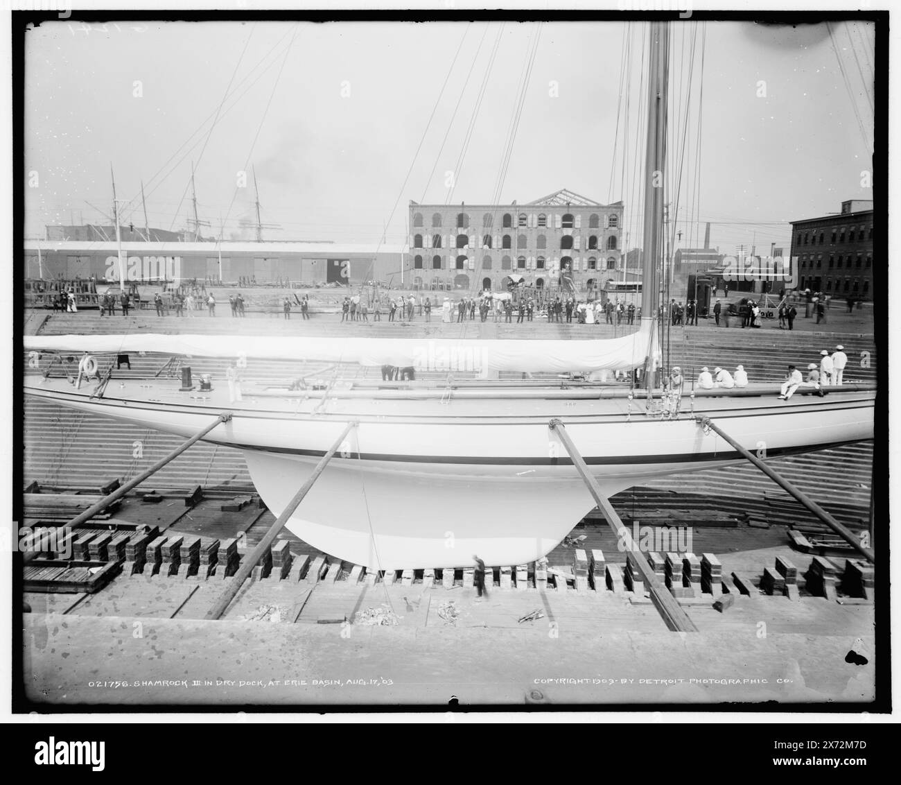 Shamrock III en cale sèche à Erie Basin, 17 août 1903, 'G 1241' sur négatif., Detroit Publishing Co. No. 021756., Brooklyn., cadeau ; State Historical Society of Colorado ; 1949, Shamrock III (Yacht), America's Cup races. , Yachts. , Bateau et industrie navale. , États-Unis, New York (State), New York. Banque D'Images