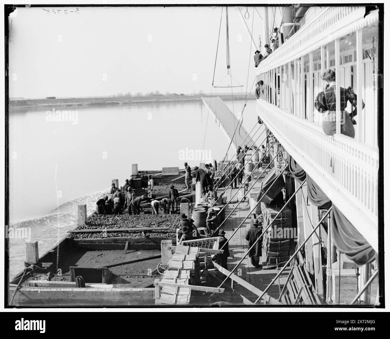 Houiller un paquet de rivière en cours sur le fleuve Mississippi, négatif fissuré dans le coin supérieur droit et collé sur la deuxième feuille de verre., 'G 3788' sur le négatif., Detroit Publishing Co. 019392., Gift ; State Historical Society of Colorado ; 1949, Steamboats. , Charbon. , Rivers. , États-Unis, Mississippi River. Banque D'Images