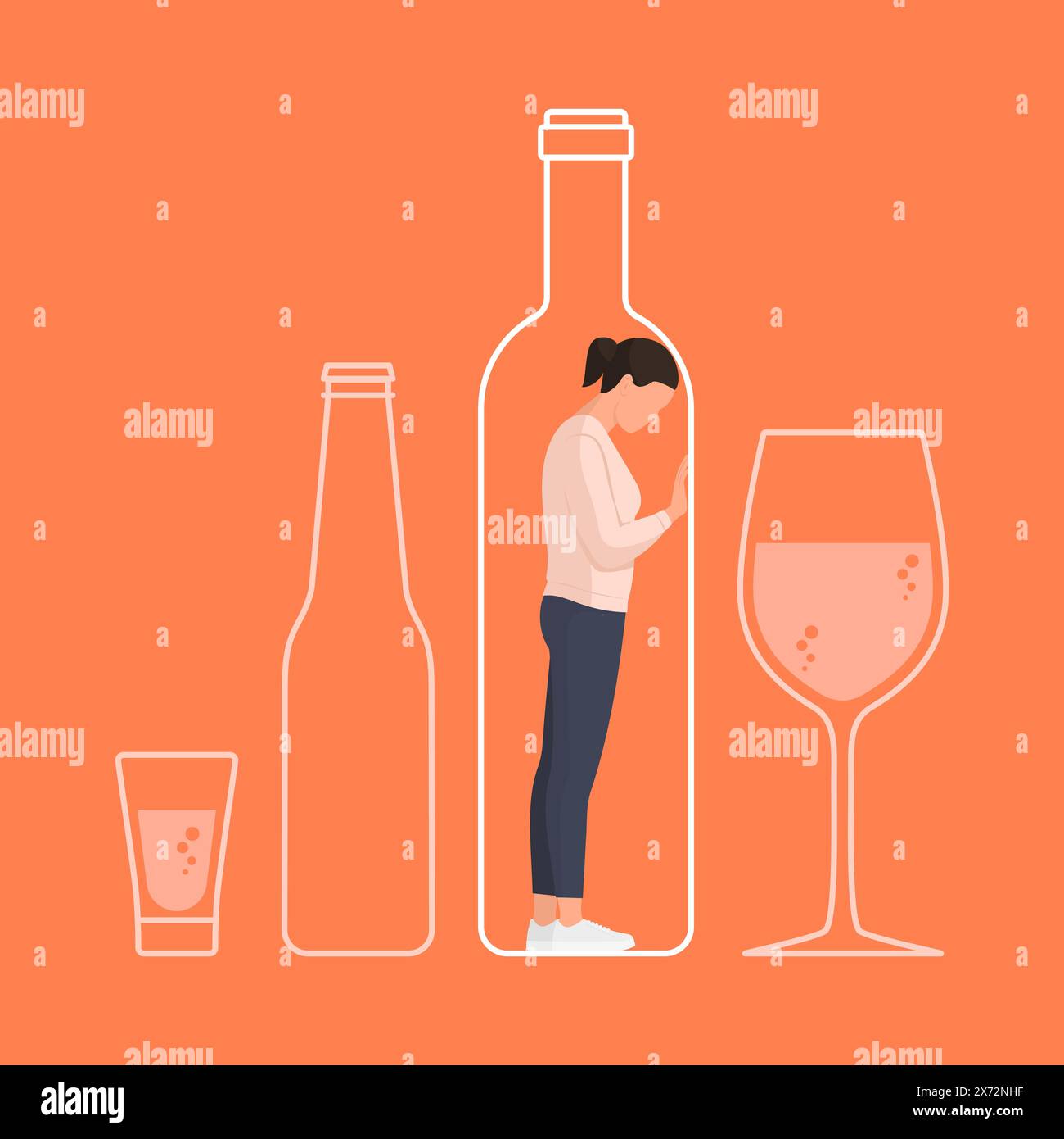 Femme déprimée désespérée coincée dans un flacon : concept de dépendance à l'alcool Illustration de Vecteur