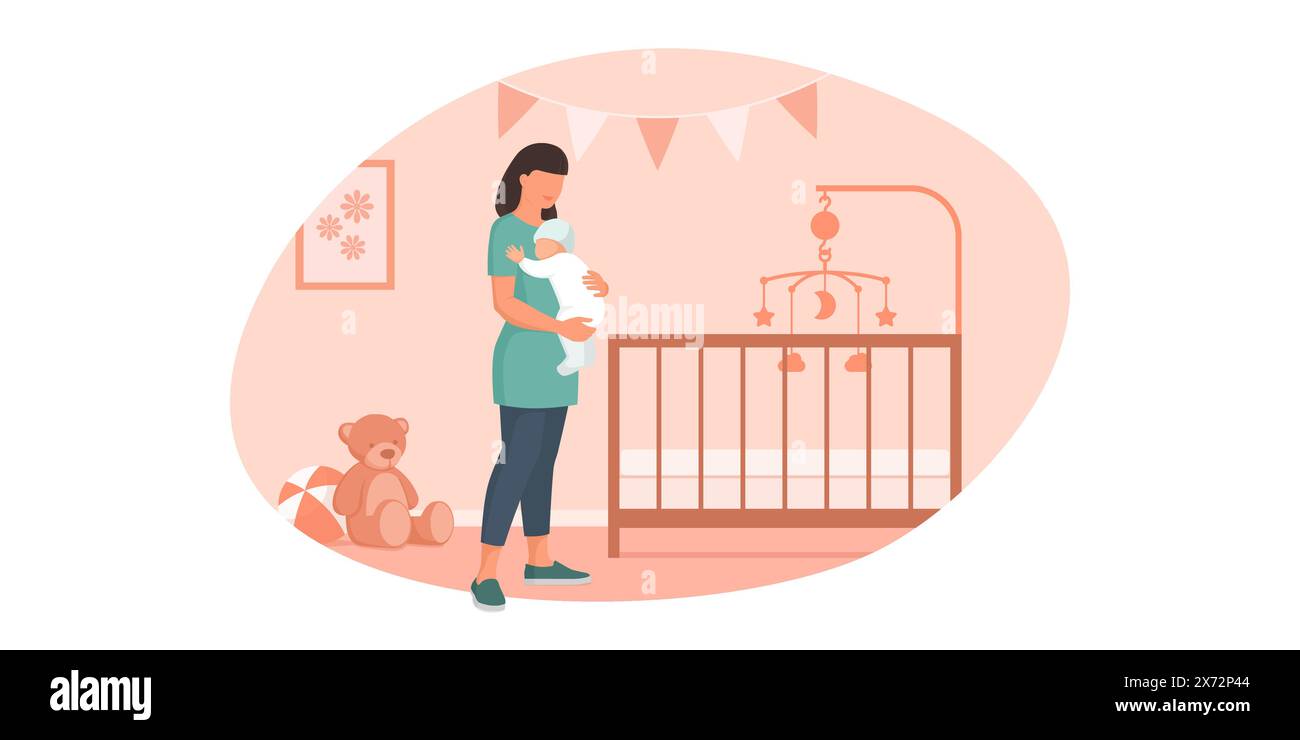 Mère heureuse tenant son bébé dans la chambre à coucher : soin et concept de famille Illustration de Vecteur