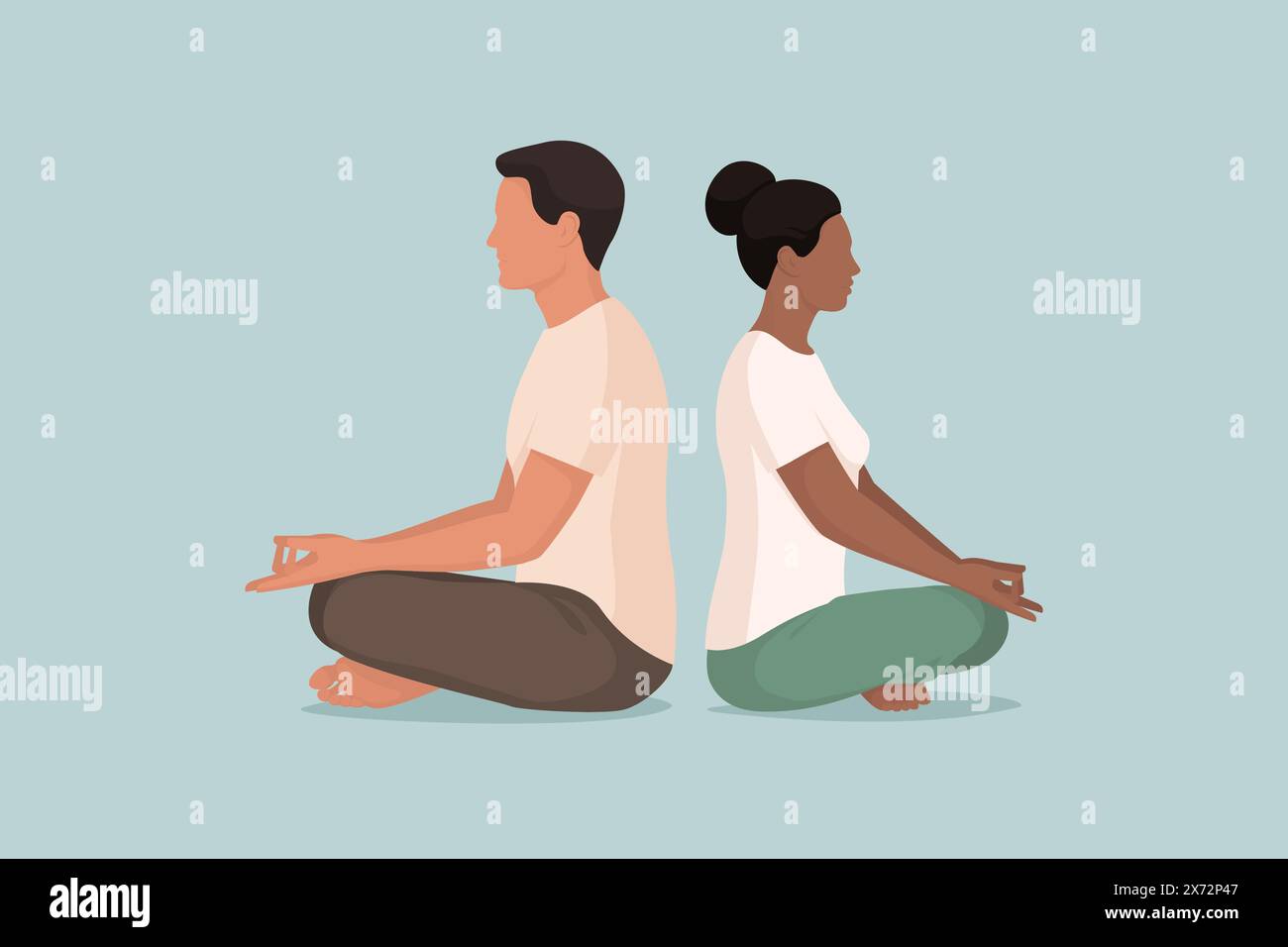Couple multiethnique pratiquant la méditation ensemble, pleine conscience et concept de relaxation Illustration de Vecteur