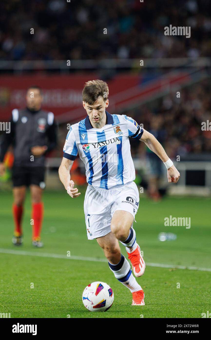 Barcelone, Espagne. 13 mai 2024. Kieran Tierney en action lors du match LaLiga EA Sports entre le FC Barcelone et la Real Sociedad à l'Estadi Olim Banque D'Images