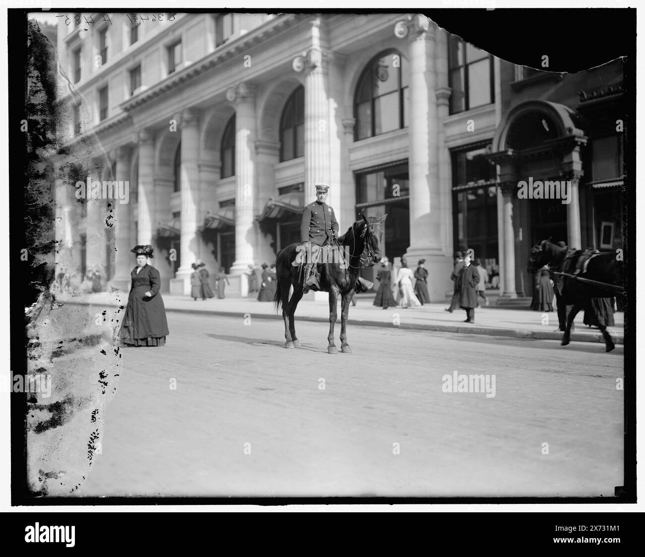 Mounted Policeman, New York, New York, New York, titre tiré de la veste., 'H 485' sur négatif., Detroit Publishing Co. No. 036491., Gift ; State Historical Society of Colorado ; 1949, Mounted police. , Rues. , États-Unis, New York (State), New York. Banque D'Images