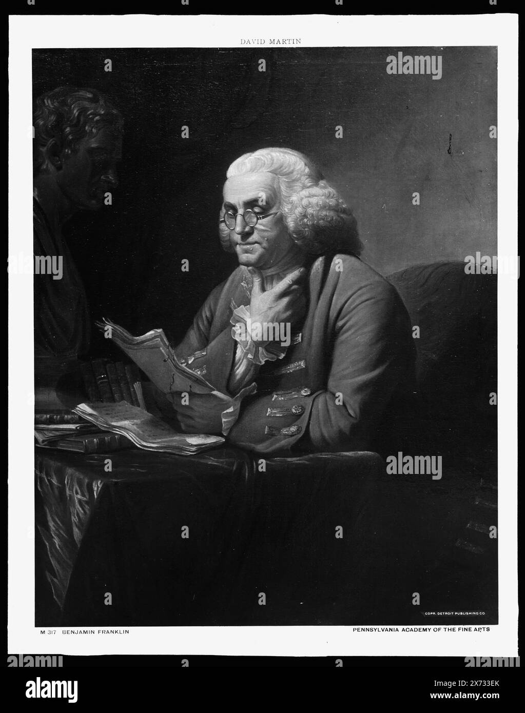 Ben Franklin, titre de la veste., 'David Martin' en haut au centre., photo d'une peinture, peut-être par David Martin, 1736-1798., Detroit Publishing Co. M 317, 050297., Gift ; State Historical Society of Colorado ; 1949, Franklin, Benjamin, 1706-1790. , Lecture. Banque D'Images