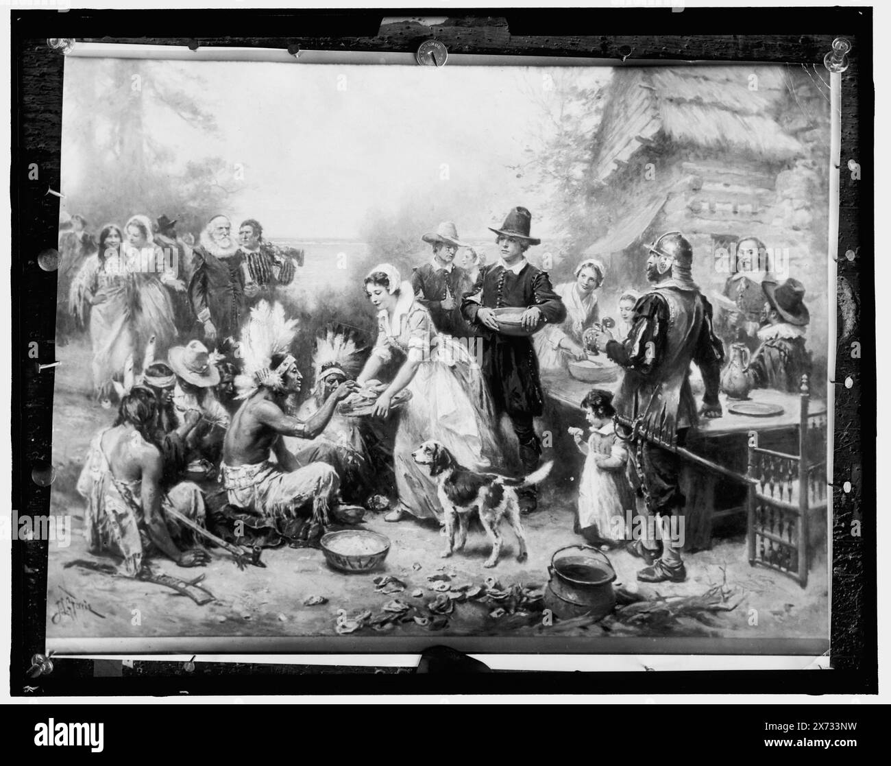 First Thanksgiving, titre de la veste., photographie d'une photo d'un tableau signé 'J.L.G. Ferris.', Detroit Publishing Co. No. 090423., Gift ; State Historical Society of Colorado ; 1949, Thanksgiving Day. , Indiens d'Amérique du Nord. , Pèlerins (Nouvelle colonie de Plymouth) Banque D'Images
