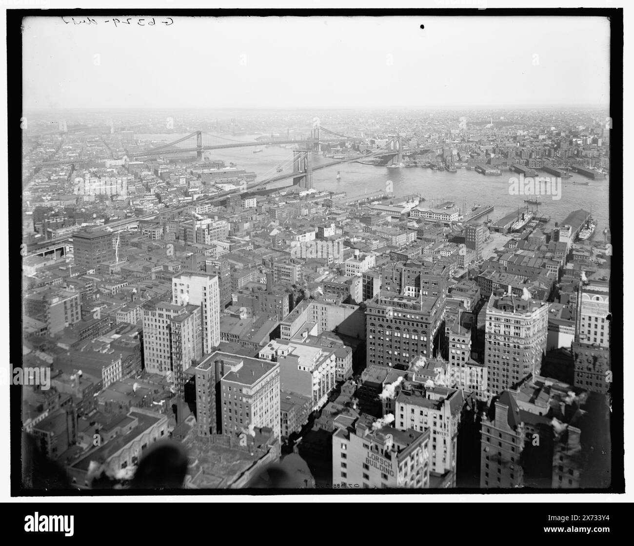 En regardant à l'est de la Singer Tower, New York, New York, les négatifs sont des variantes proches., Brooklyn Bridge au centre., 'G 6329 dup' sur B négatif., Detroit Publishing Co. No. 071388., Gift ; State Historical Society of Colorado ; 1949, commercial Facilities. , États-Unis, New York (State), New York. , États-Unis, New York (État), East River. Banque D'Images