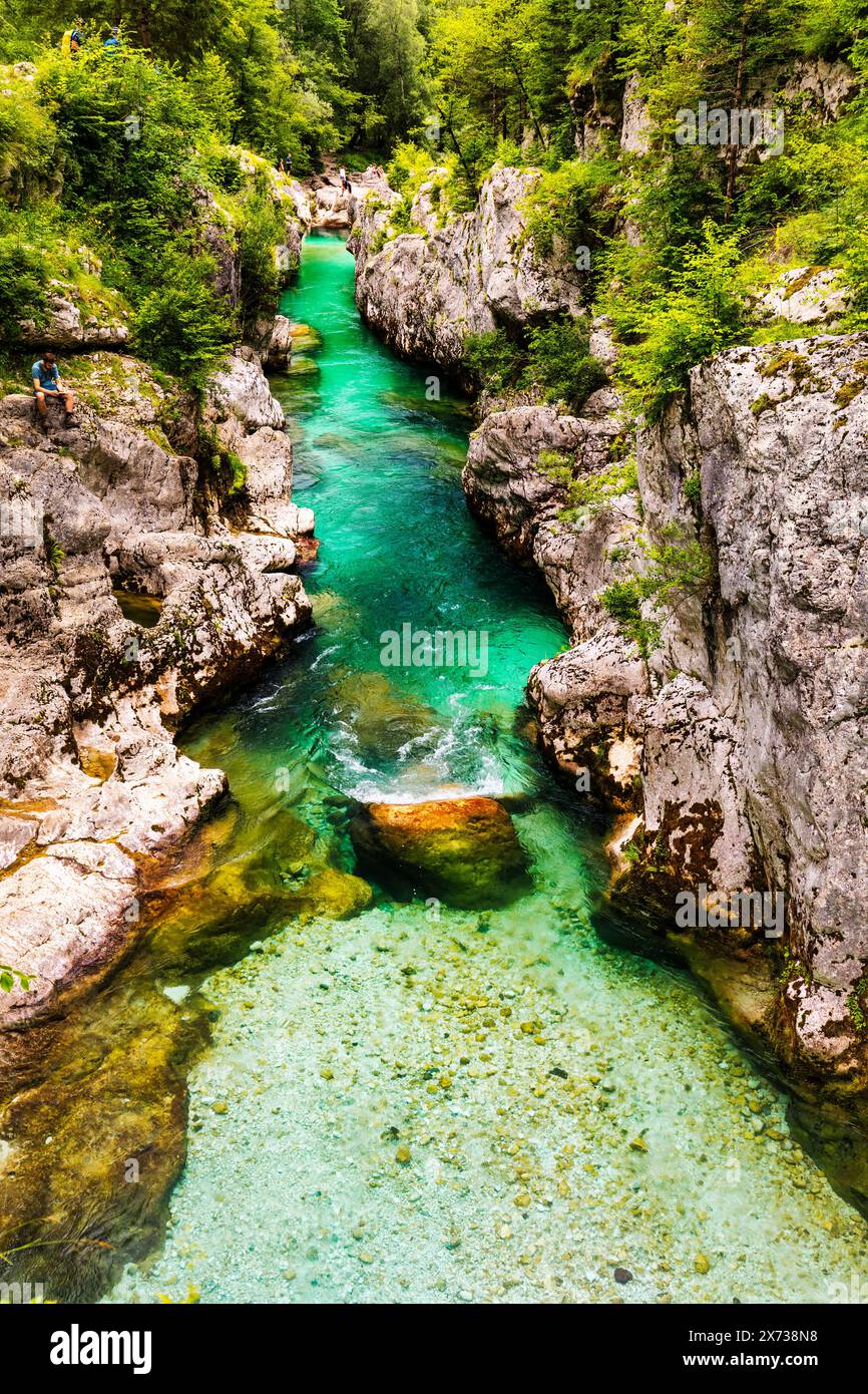 Incroyable gorge de la rivière Soca dans les Alpes slovènes. Gorge de la grande Soca (Velika korita Soce), Parc national du Triglav, Slovénie. Grand canyon de la rivière Soca, Bovec, Banque D'Images