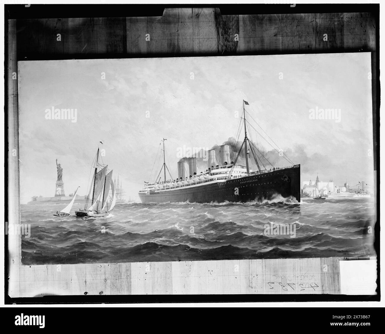 Hamburg-American S.S. Co., S.S. Deutschland quittant le port de New York, titre de la veste., photographie d'un tableau signé 'Fred Pansing, '90.', Detroit Publishing Co. No. 042732., Gift ; State Historical Society of Colorado ; 1949, Deutschland (Ocean liner), Ocean liners. , Harbors. , États-Unis, New York (State), New York. Banque D'Images