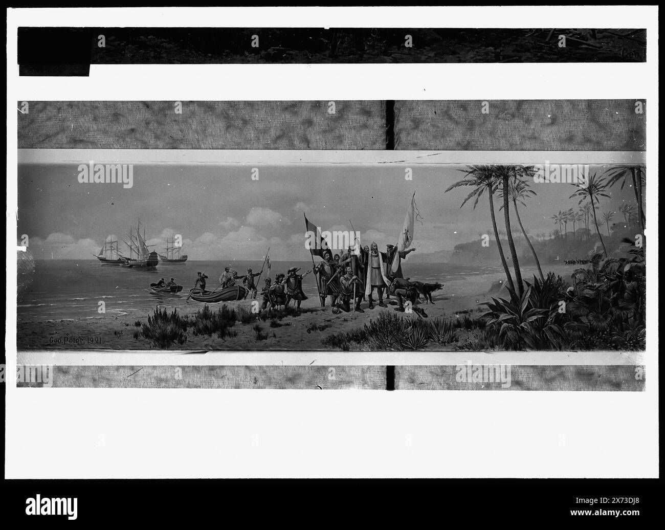 Débarquement de Colomb, titre de la veste., photographie d'un tableau, signé George Peter ; possiblement Bahamas, Cuba, Haïti, ou République dominicaine., No Detroit Publishing Co. no., cadeau ; State Historical Society of Colorado ; 1949, Columbus, Christopher. , Découverte et exploration. , Plages. Banque D'Images