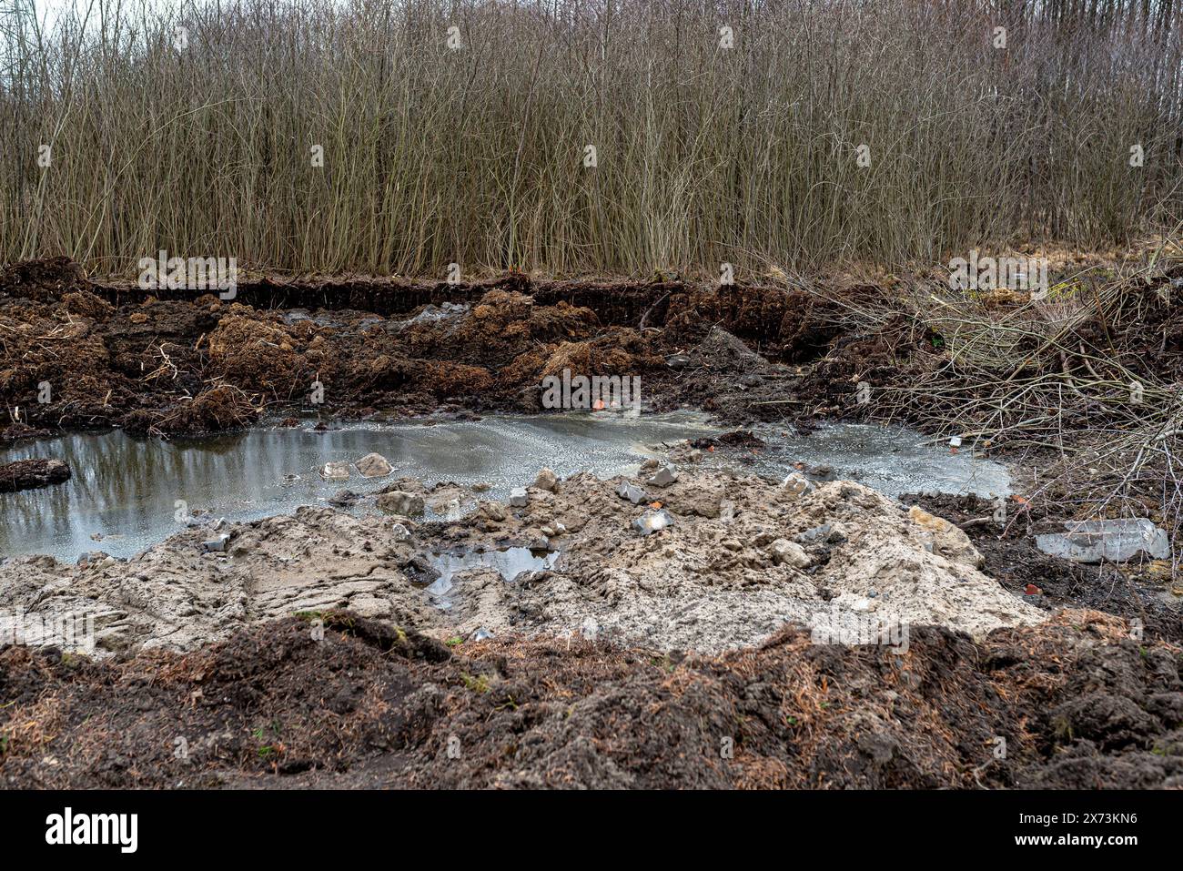 Marécages excavés avec de hautes eaux souterraines, des ordures visibles et de la tourbe. Banque D'Images