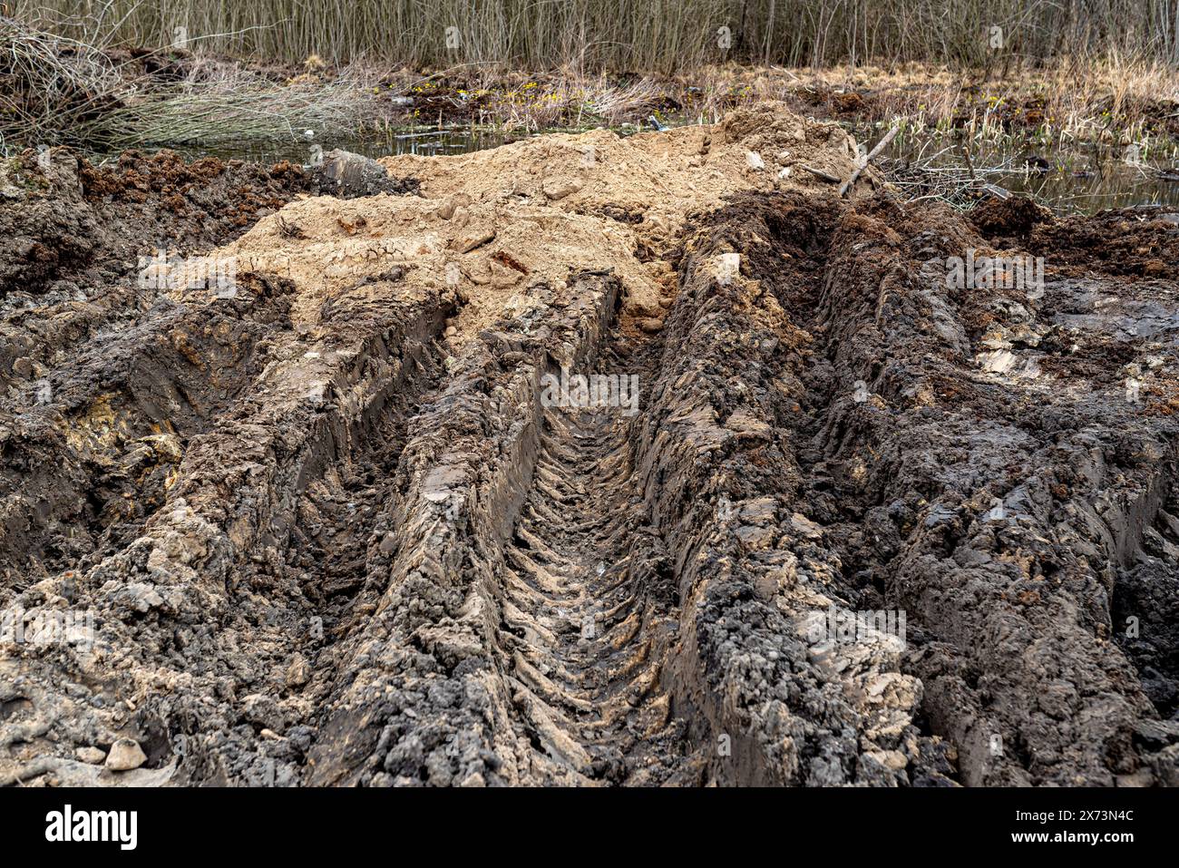 Marécages excavés avec de hautes eaux souterraines, des ordures visibles et de la tourbe. Banque D'Images