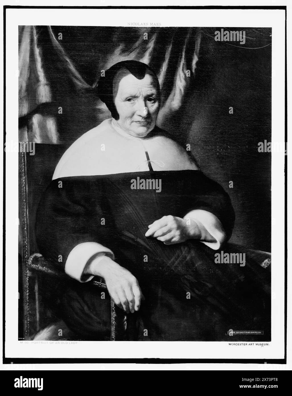Femme, portrait de trois quarts de longueur, titre conçu par le catalogeur ; légende sur négatif : Portrait d'une vieille dame., date basée sur Detroit, Thistle Publications (1912)., négatif fissuré dans le coin supérieur droit., photographie d'une peinture au Worcester Art Museum., Detroit Publishing Co. Nos M56 et 050078., Gift ; State Historical Society of Colorado ; 1949, Women. Banque D'Images