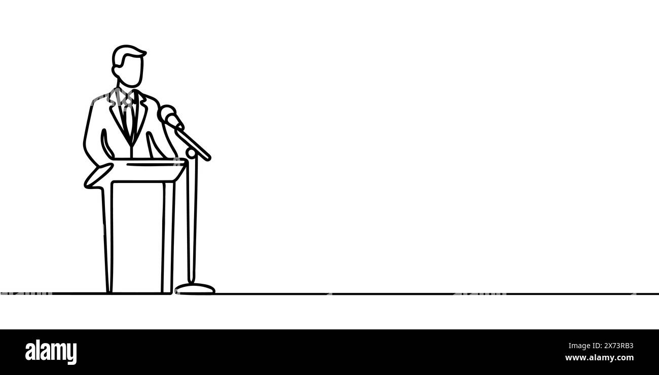 Un homme en costume derrière le podium, une ligne continue de discours sur le podium Illustration de Vecteur